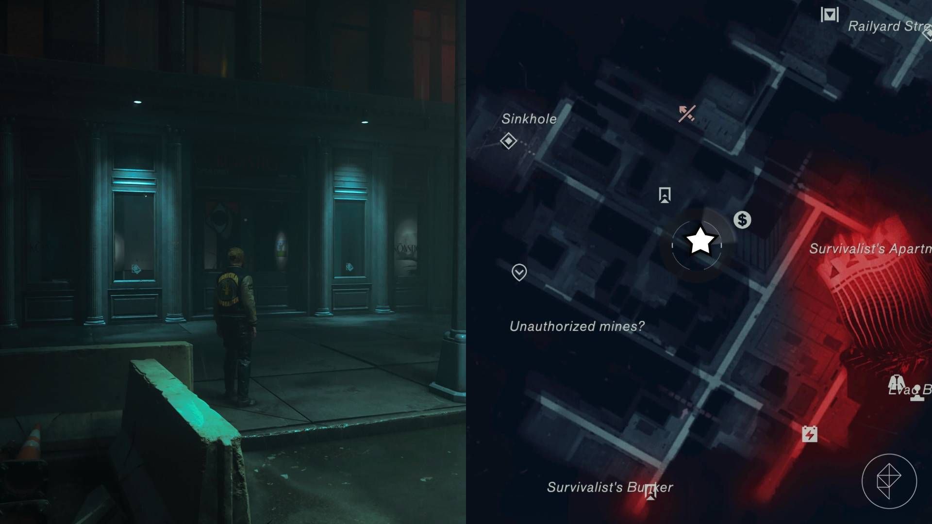 The left-hand side of the image shows Dylan walking outside of the Kostig art gallery with the Echo exhibition while the right-hand side of the image shows the location marked with a star on the in-game map.
