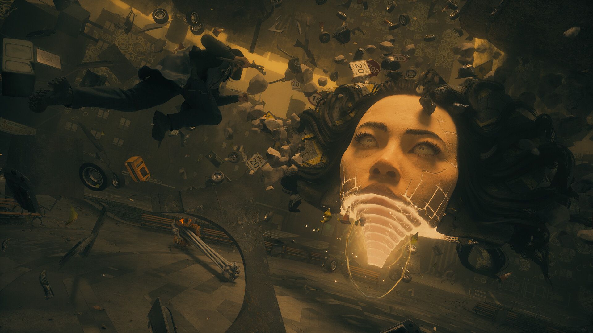 Dylan Faden leaping toward a giant floating head that has a ton of floating objects surrounding it in Control Resonant.