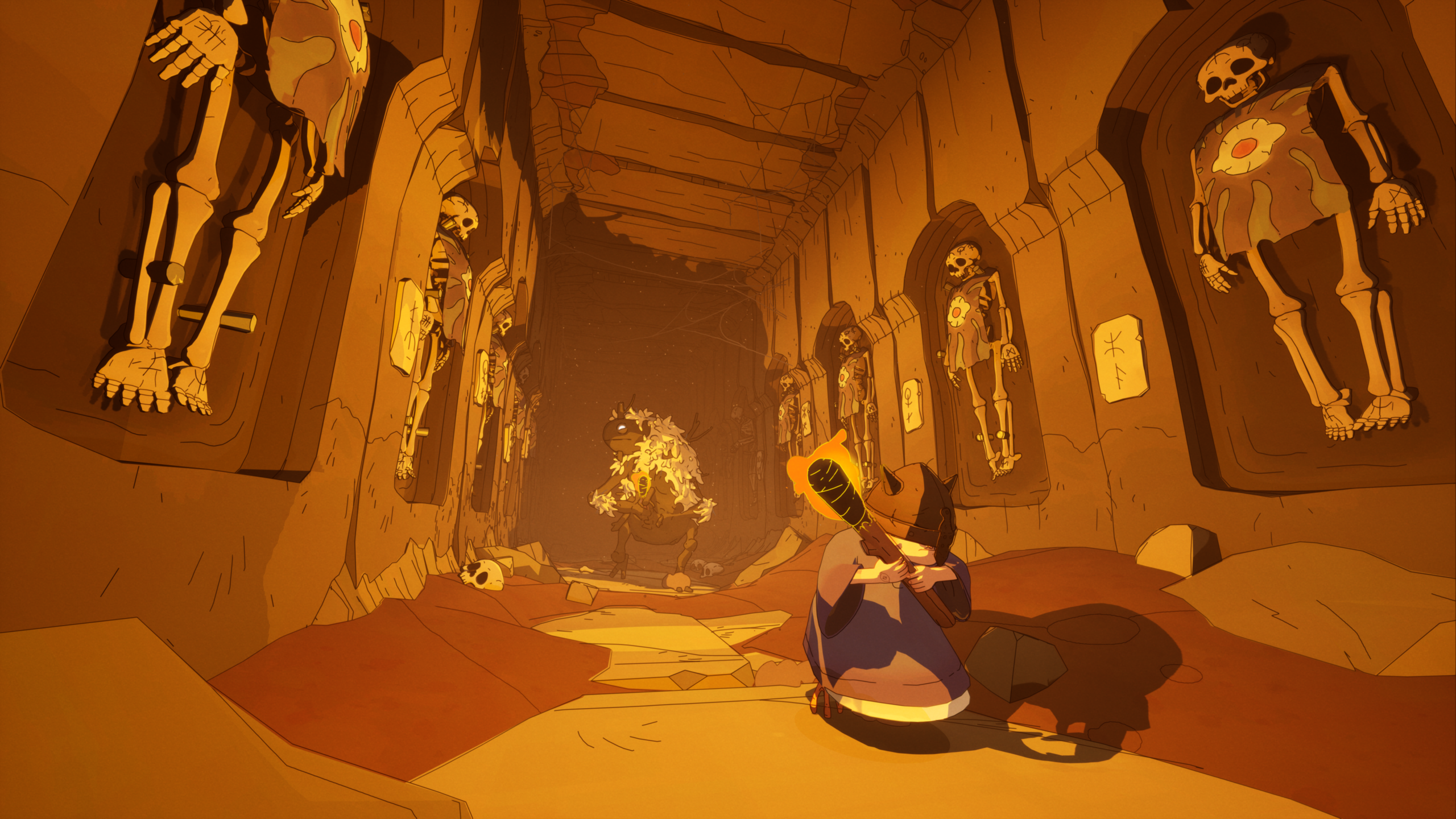 Gertie walks down a corridor in Coven of the Chicken Foot.