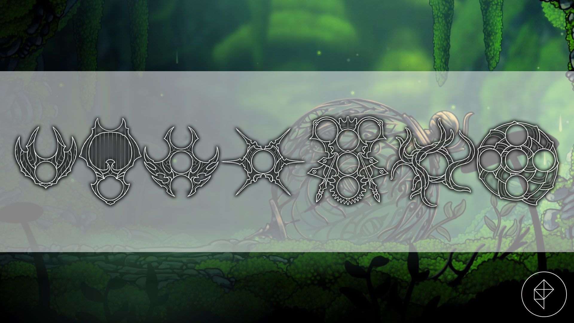 The seven crests from Hollow Knight: SIlksong.