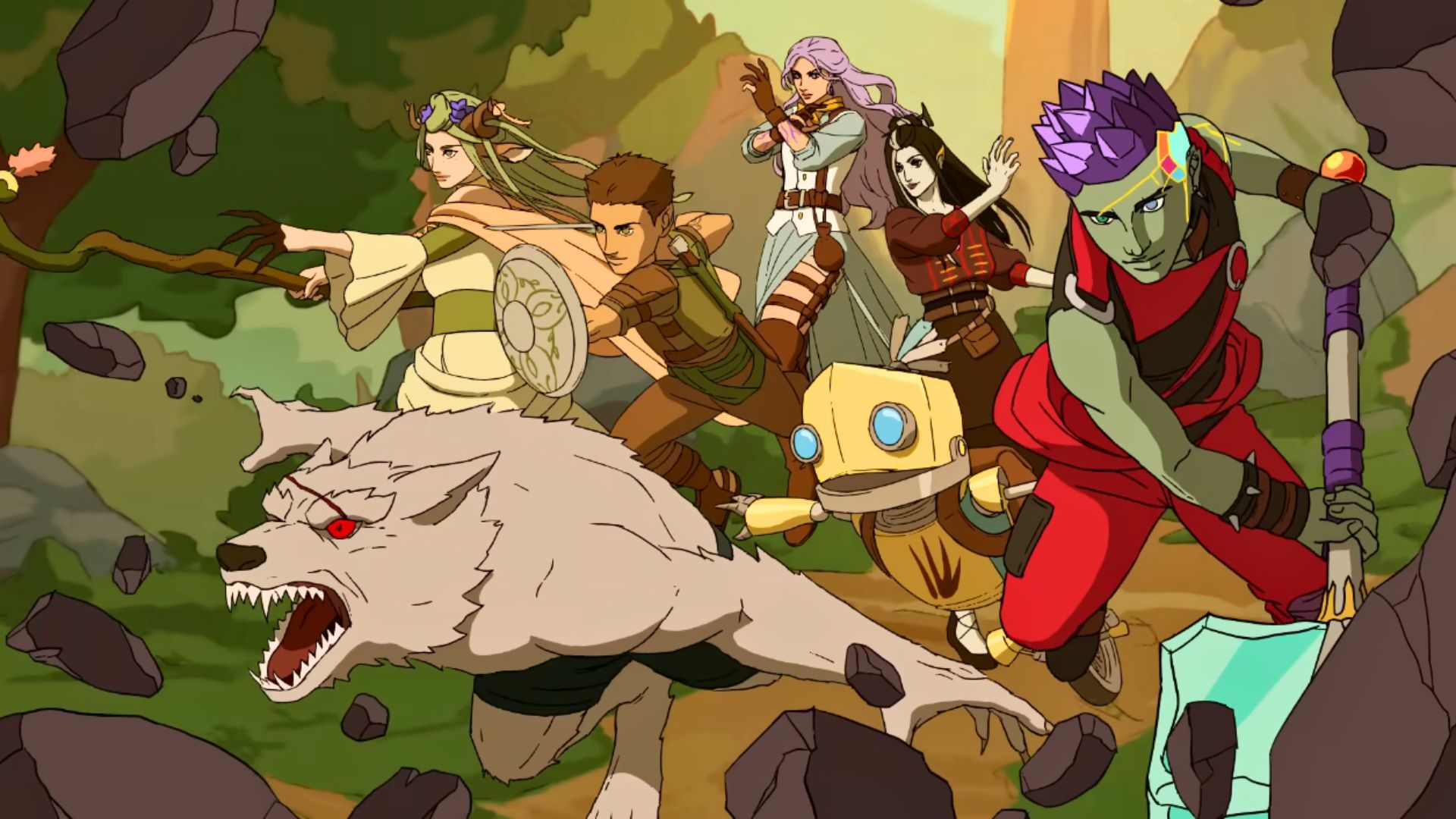 A screenshot depicting the cast of Bells Hells from the Critical Role animated intro "It's Thursday Night."