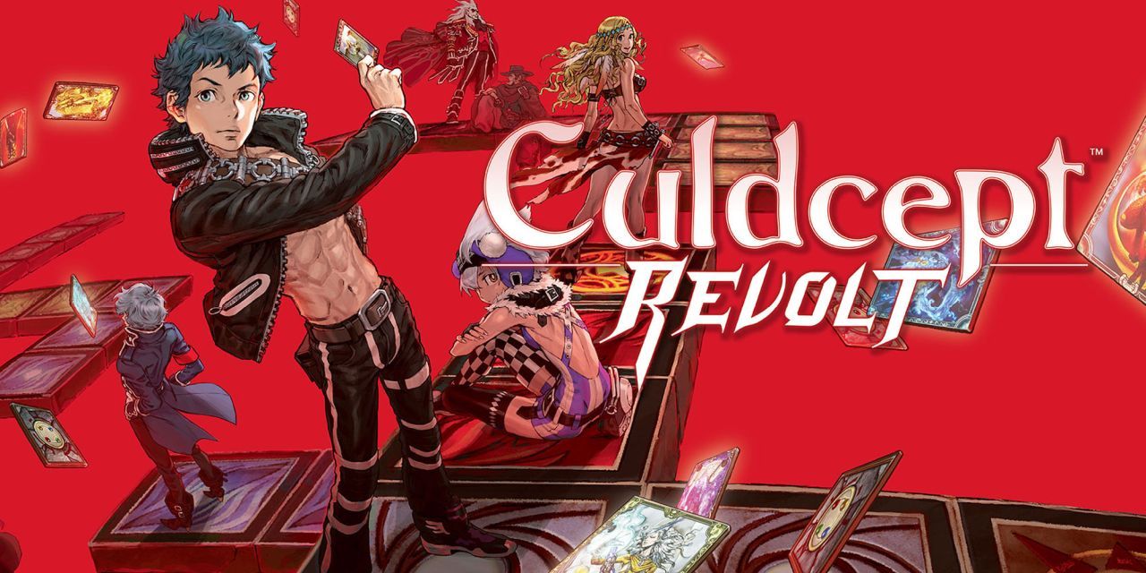 Culdcept Revolt key art shows characters standing on large tiles, armed with cards