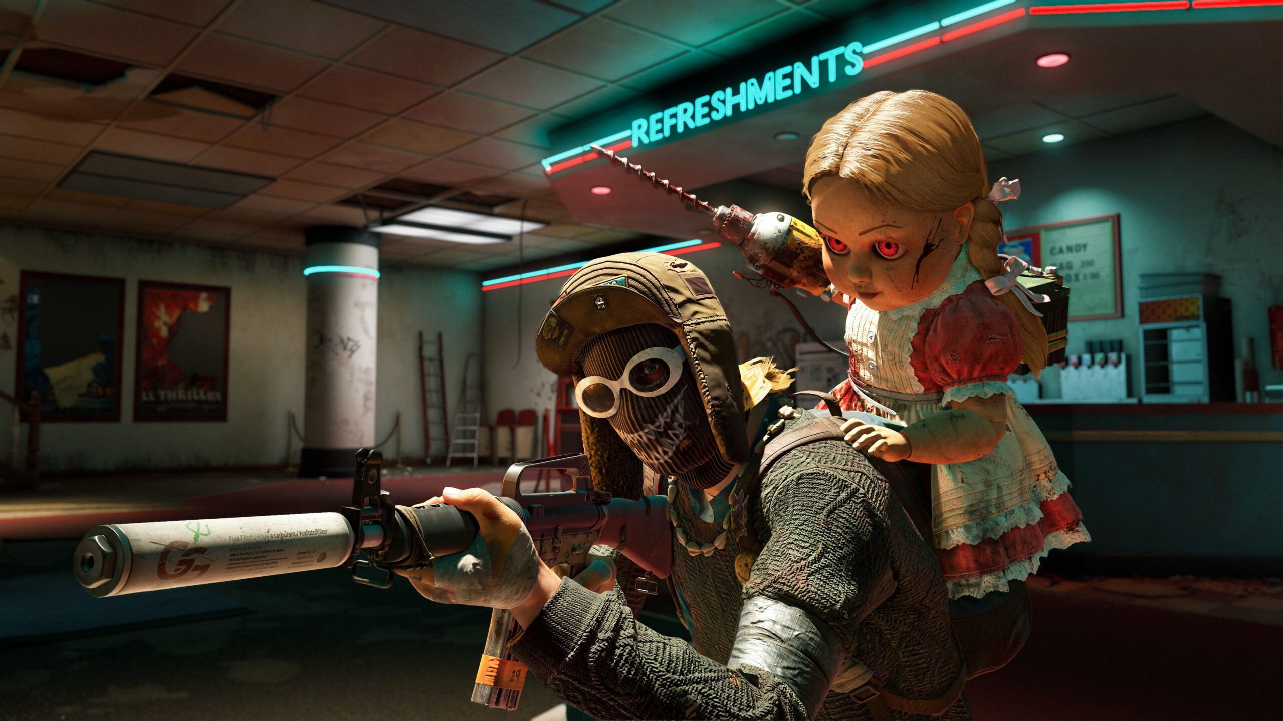 A doll with a drill arm on a player's back in PUBG Dednet.