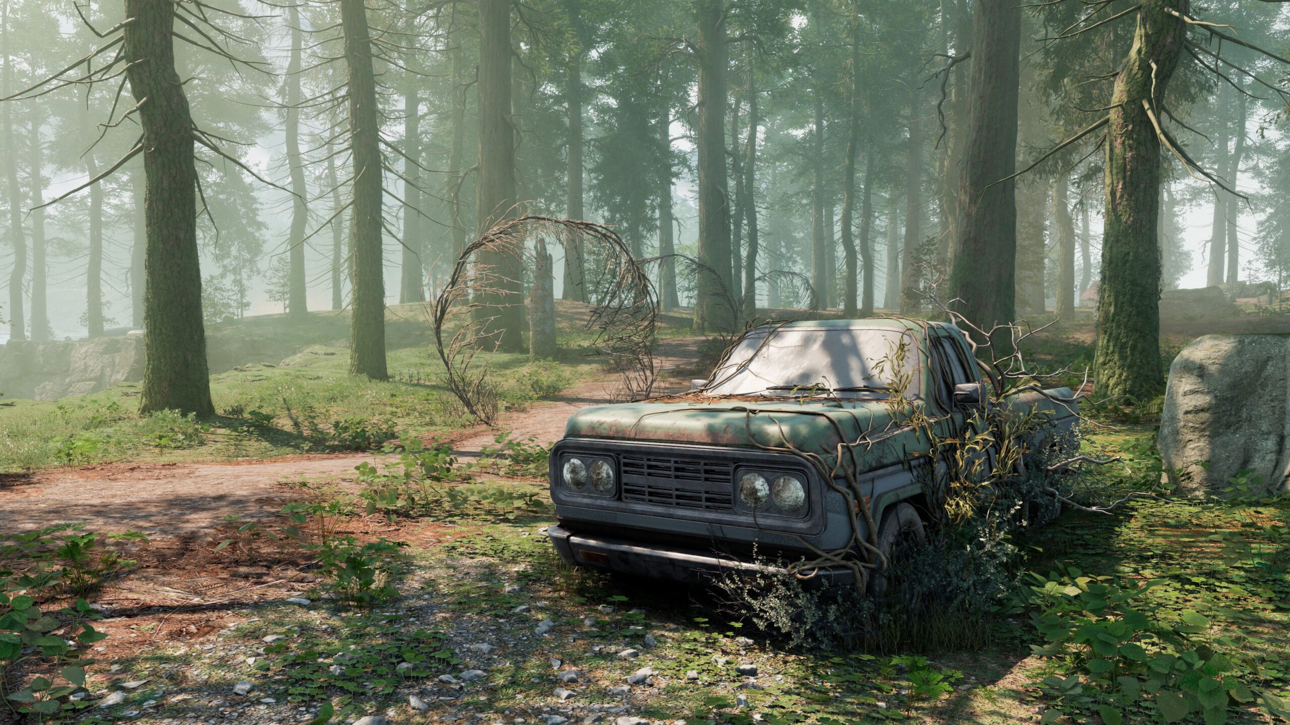 An abandoned car in a forest in PUBG Dednet.