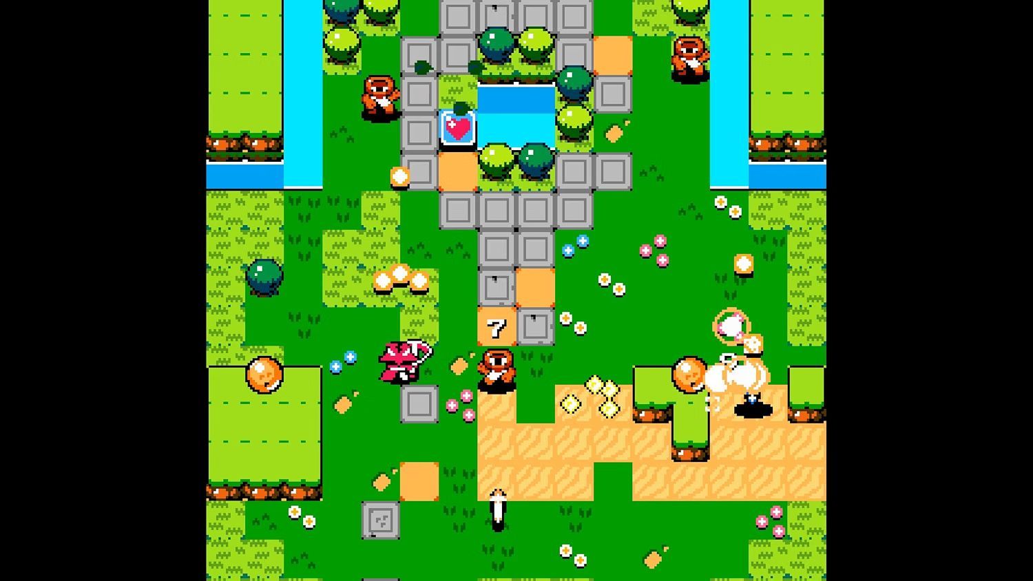 The character battles through a cluttered, grassy area.