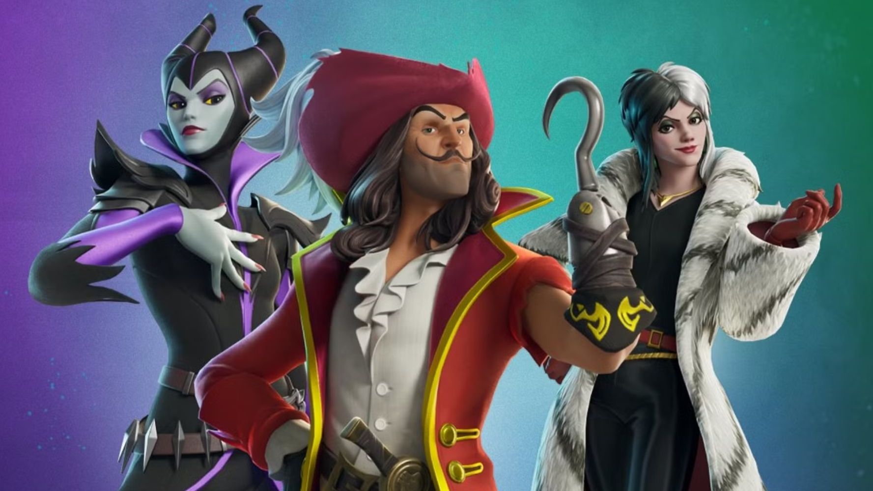 Fortnite interpretations of Disney villains Maleficent, Captain Hook, and Cruella DeVille, available as cosmetics in Fortnite