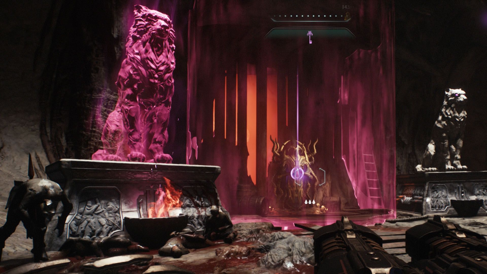 The image shows a translucent wolf statue next to an altar locked behind an energy field in Doom: The Dark Ages