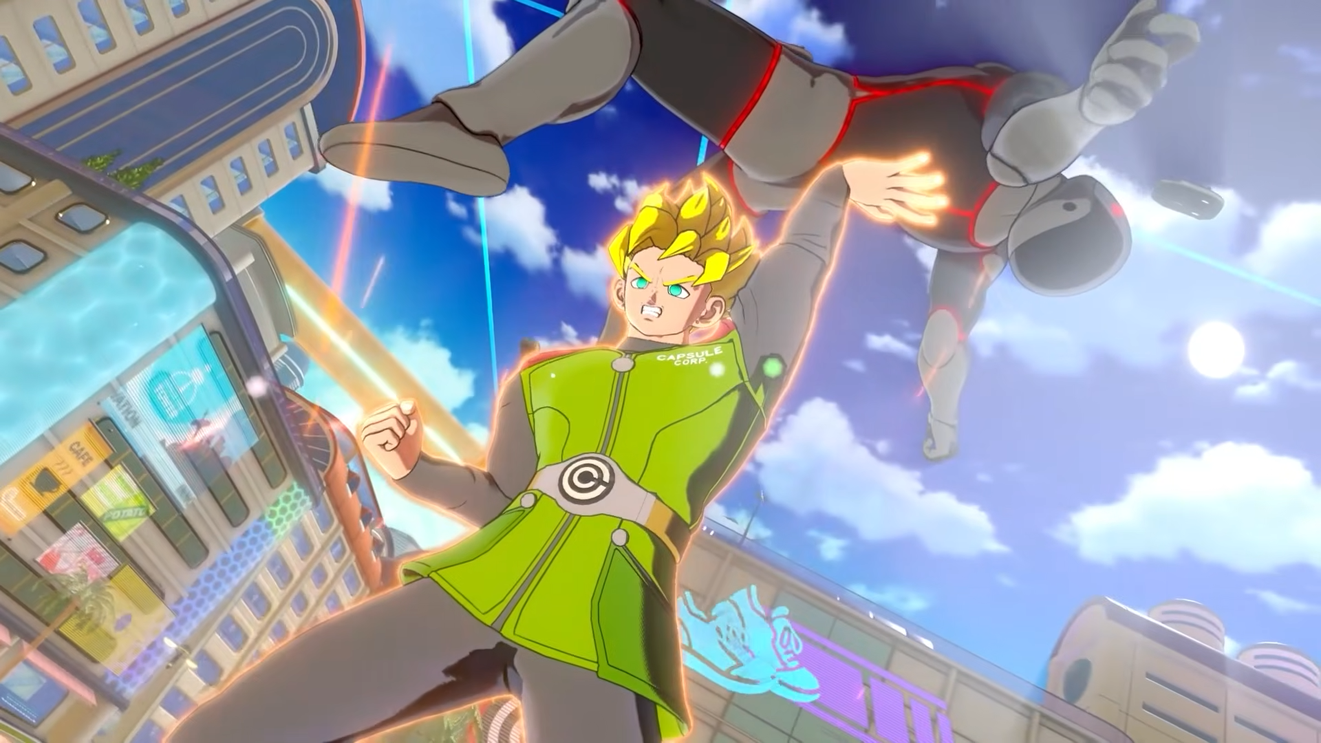 A super saiyan lifting a generic goon above his head.