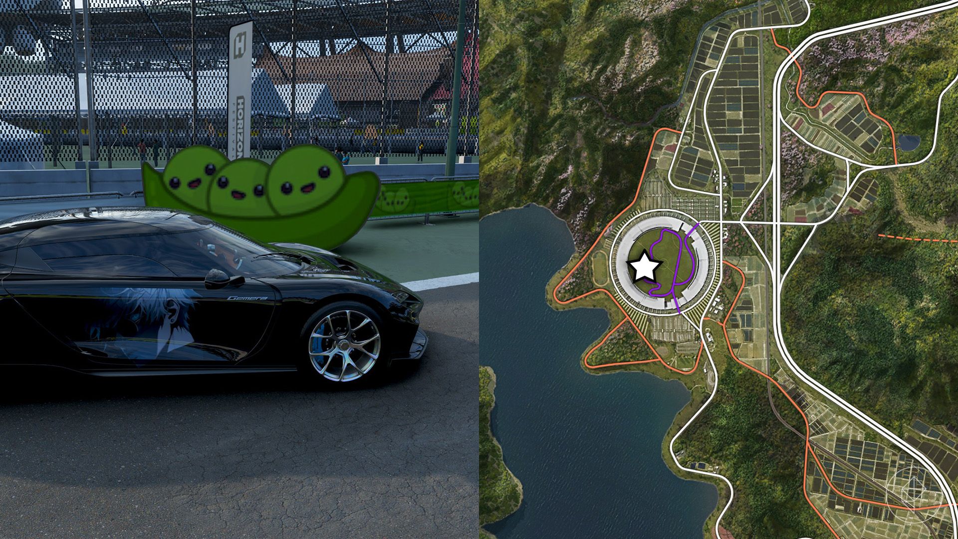 A car with Gojo Satoro parked in front of an edamame sign in Forza Horizon 6.