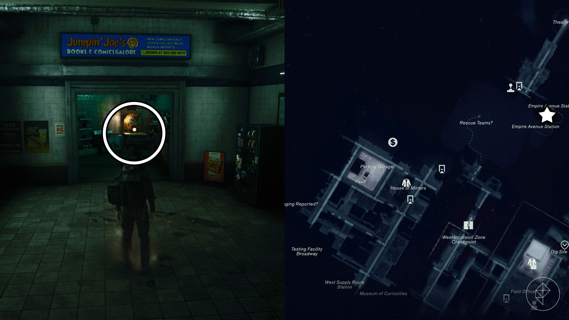 A health upgrade point inside a comic book store in a subway station in Control Resonant.