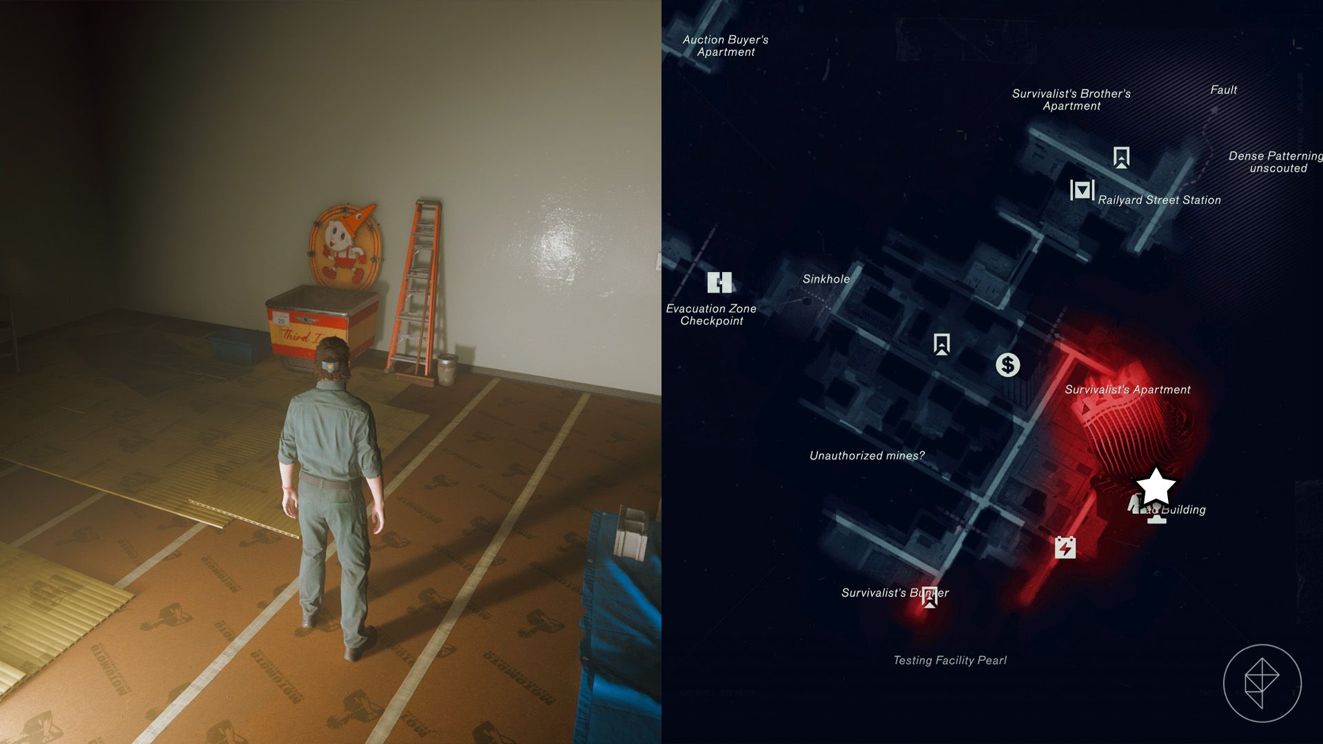 Dylan standing in front of an ice cream stand in the Evac Building in Control Resonant.