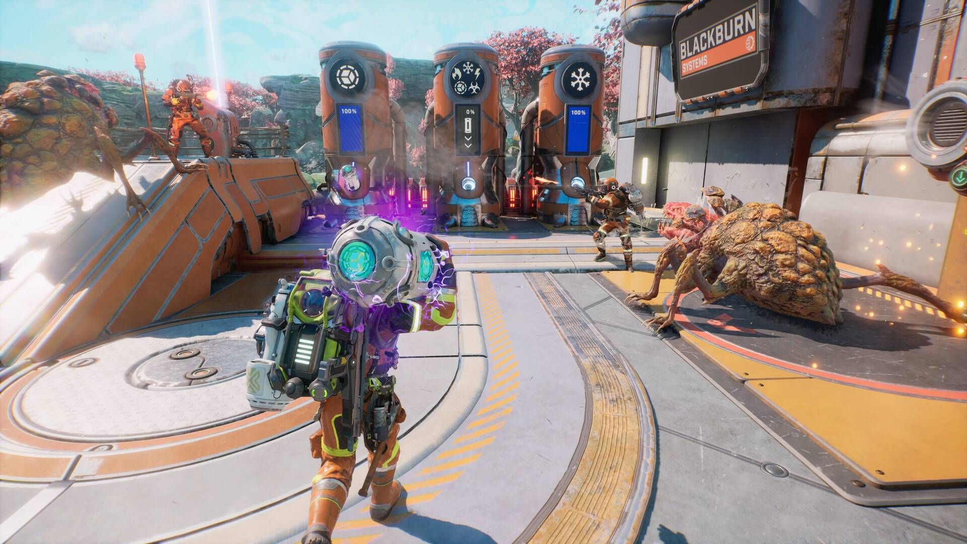A player armed with a rocket launcher in Exterminauts.