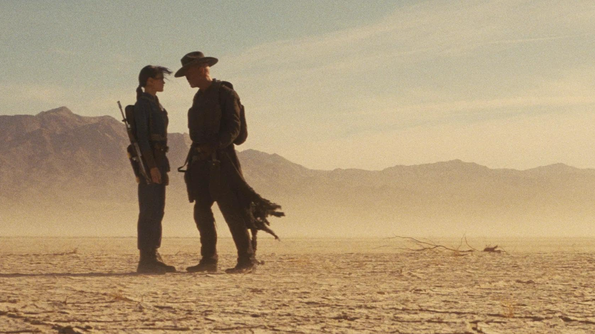 A profile shot of The Ghoul confronting Lucy in the desert Wasteland in Fallout Season 2.