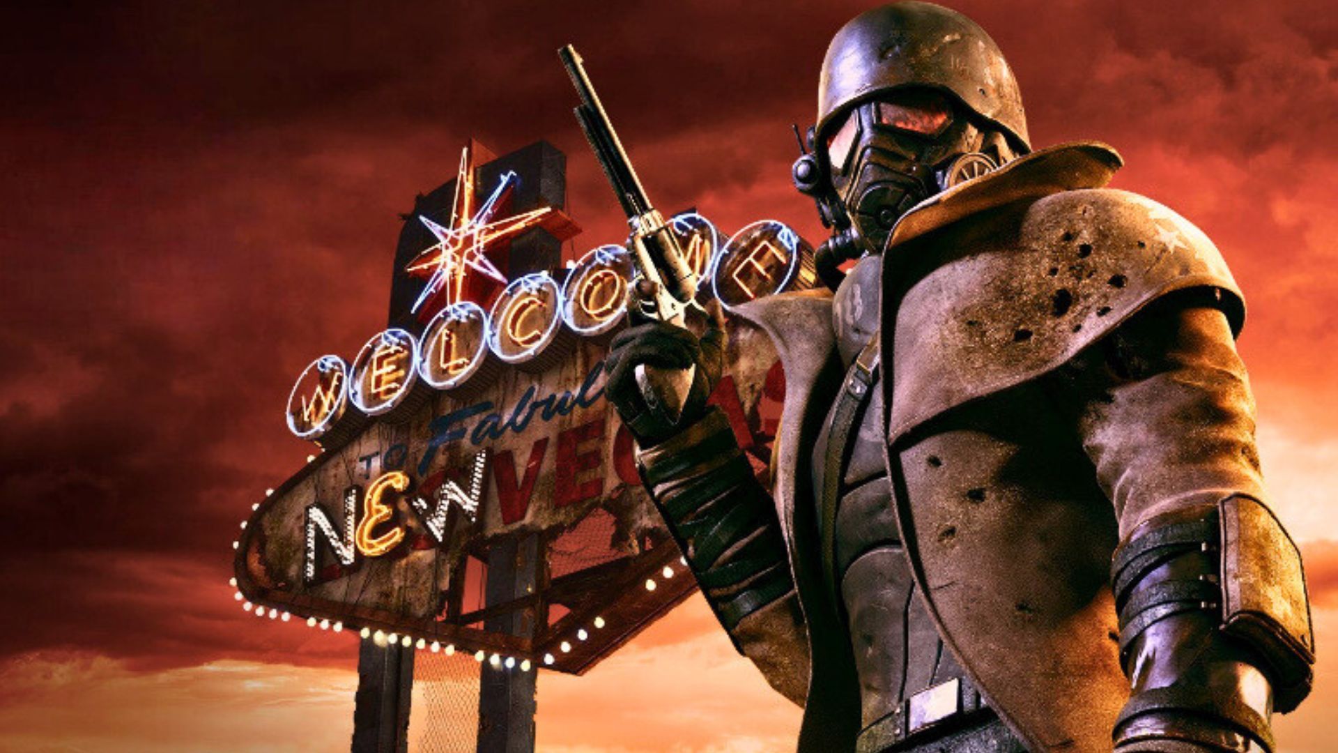 An image of key art from Fallout New Vegas. It depicts a person dressed in a long trench coat, gun in hand, standing in front of a sign that says WELCOME to NEW VEGAS.