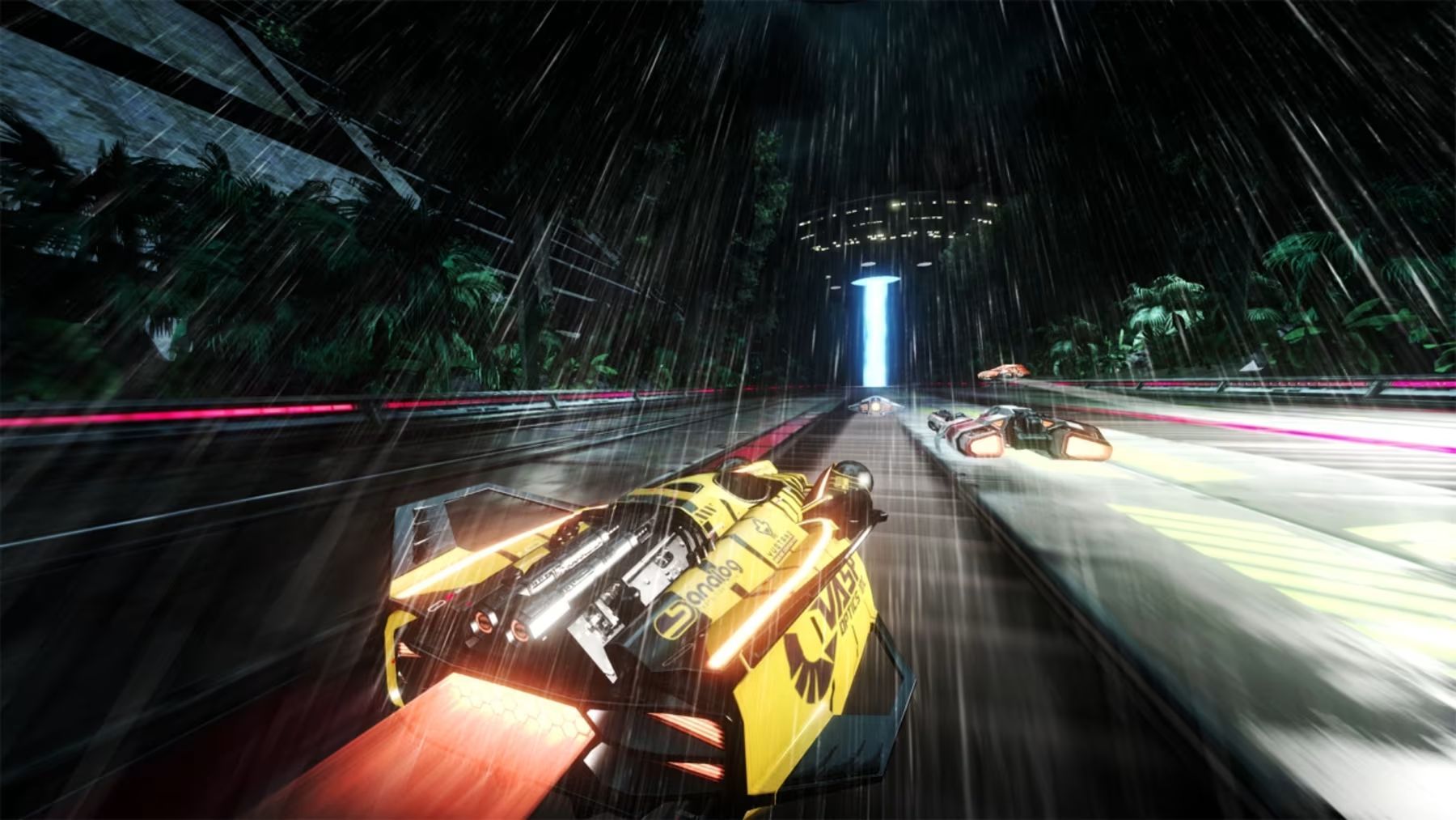 A yellow car races along a tree-lined track in Fast RMX