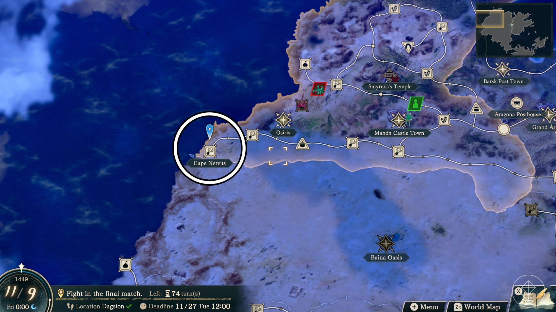 A Fire Emblem: Fortune's Weave screenshot of the world map showing where you can find bitter leaves