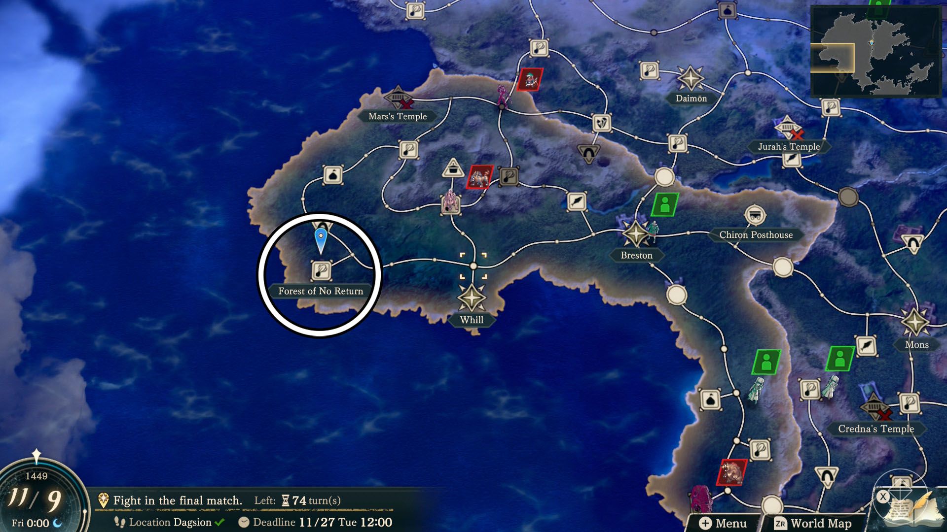 A Fire Emblem: Fortune's Weave screenshot of the world map showing where you can find bitter leaves