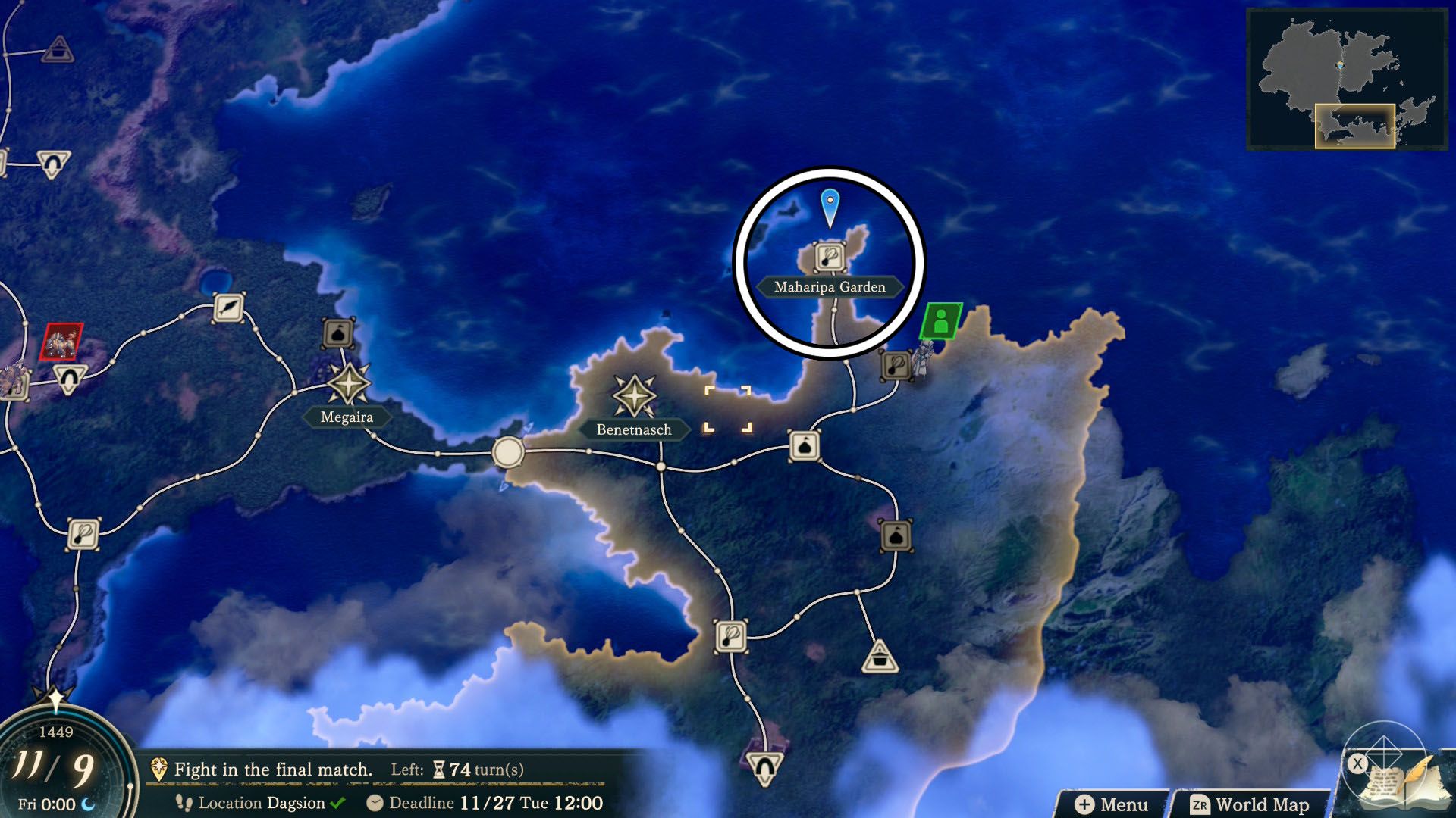 A Fire Emblem: Fortune's Weave screenshot of the world map showing where you can find bitter leaves