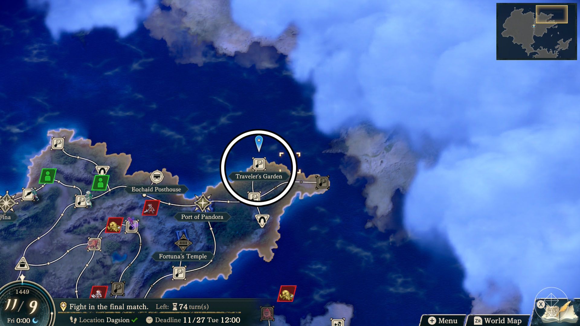 A Fire Emblem: Fortune's Weave screenshot of the world map showing where you can find bitter leaves