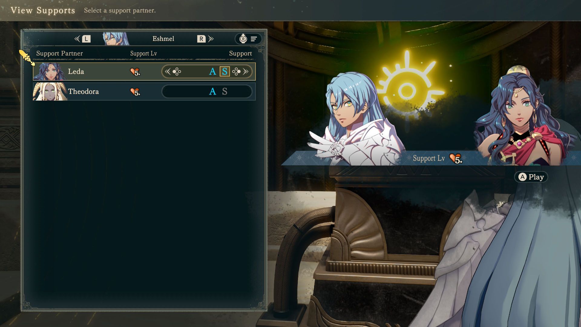 A Fire Emblem: Fortune's Weave screenshot showing the support conversation screen between Leda and Eshmel