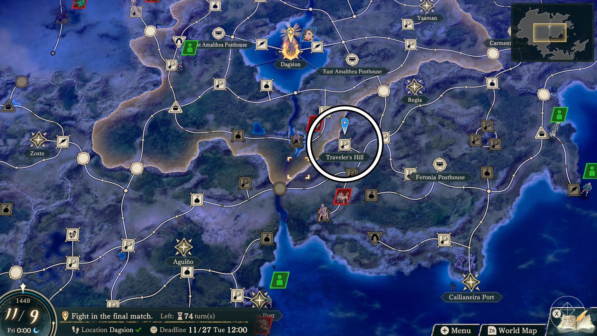 A Fire Emblem: Fortune's Weave screenshot of the world map showing where you can find sweet leaves