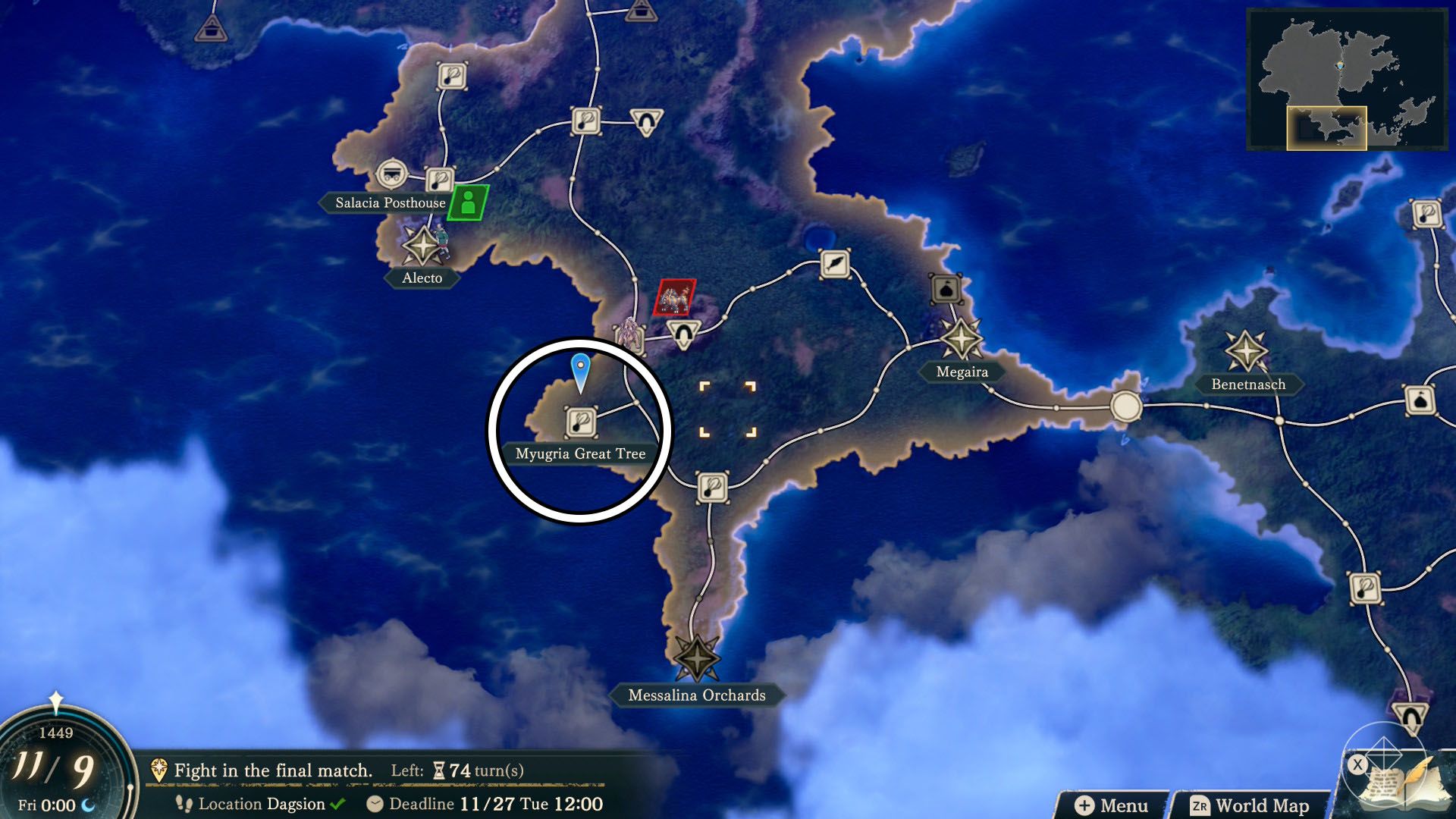 A Fire Emblem: Fortune's Weave screenshot of the world map showing where you can find sweet leaves