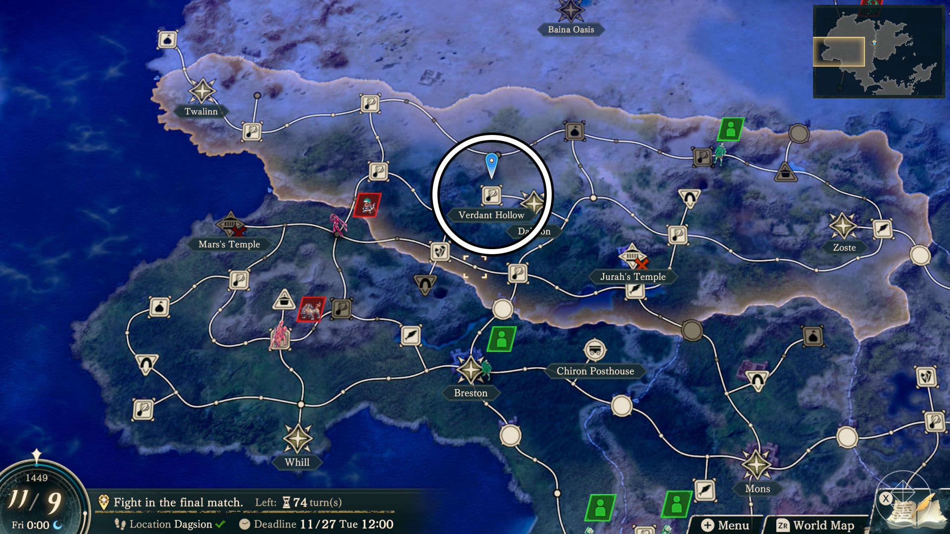 A Fire Emblem: Fortune's Weave screenshot of the world map showing where you can find sweet leaves
