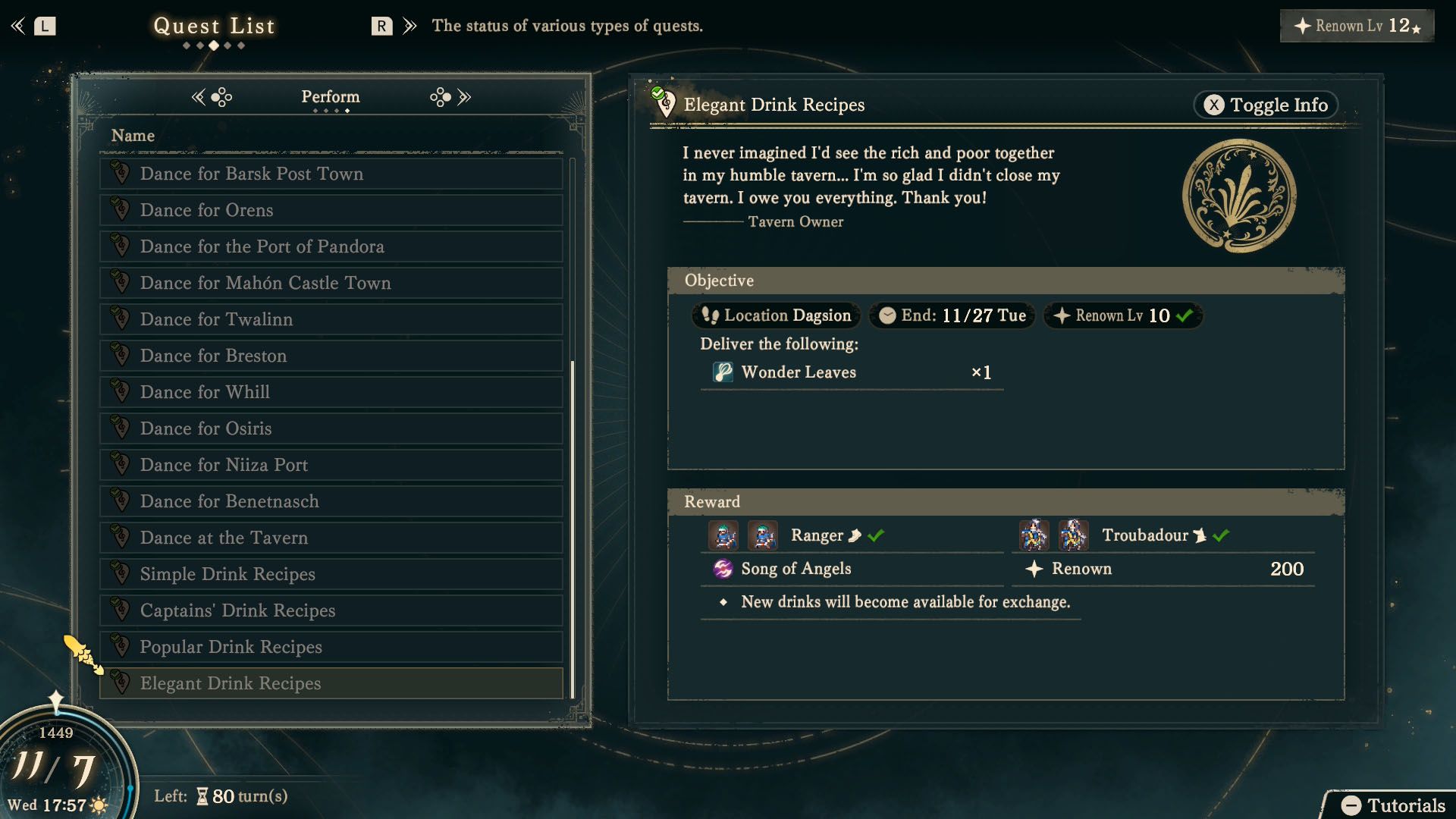 A Fire Emblem: Fortune's Weave screenshot showing the "Elegant Drink Recipes" quest description