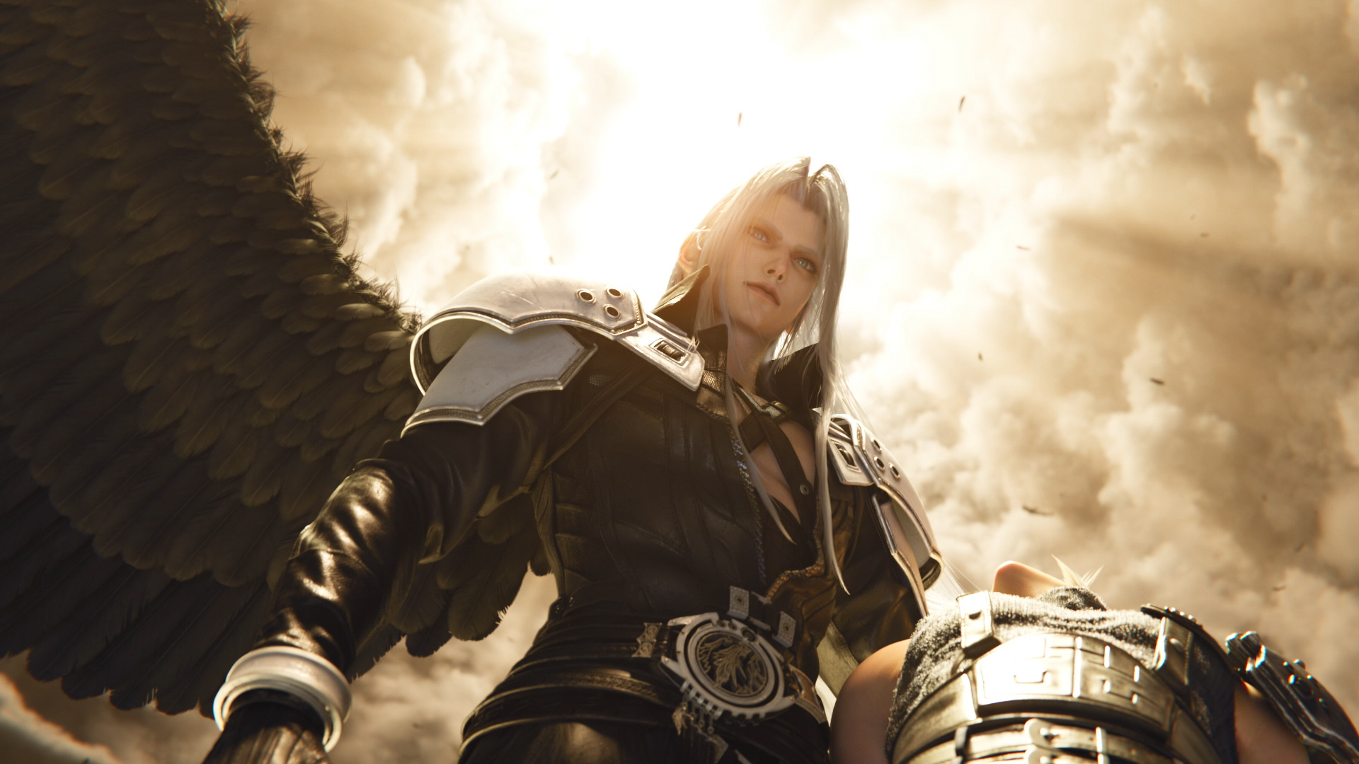 Sephiroth with wings looks down with the sun behind his head
