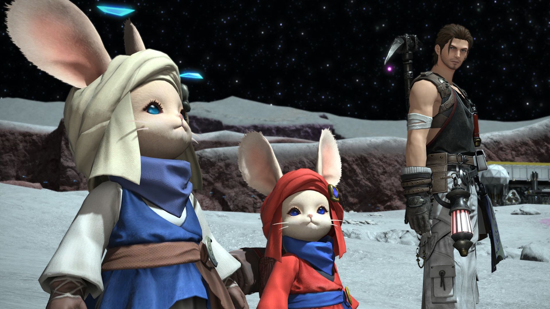 A brown-haired adventurer speaks to two small rabbits on the moon