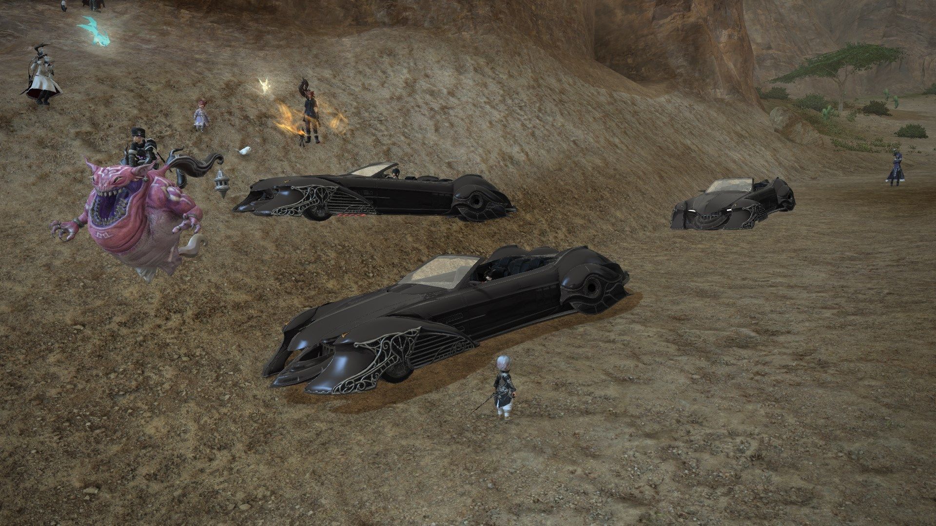 Three players sit in the new Regalia mount in Final Fantasy 14
