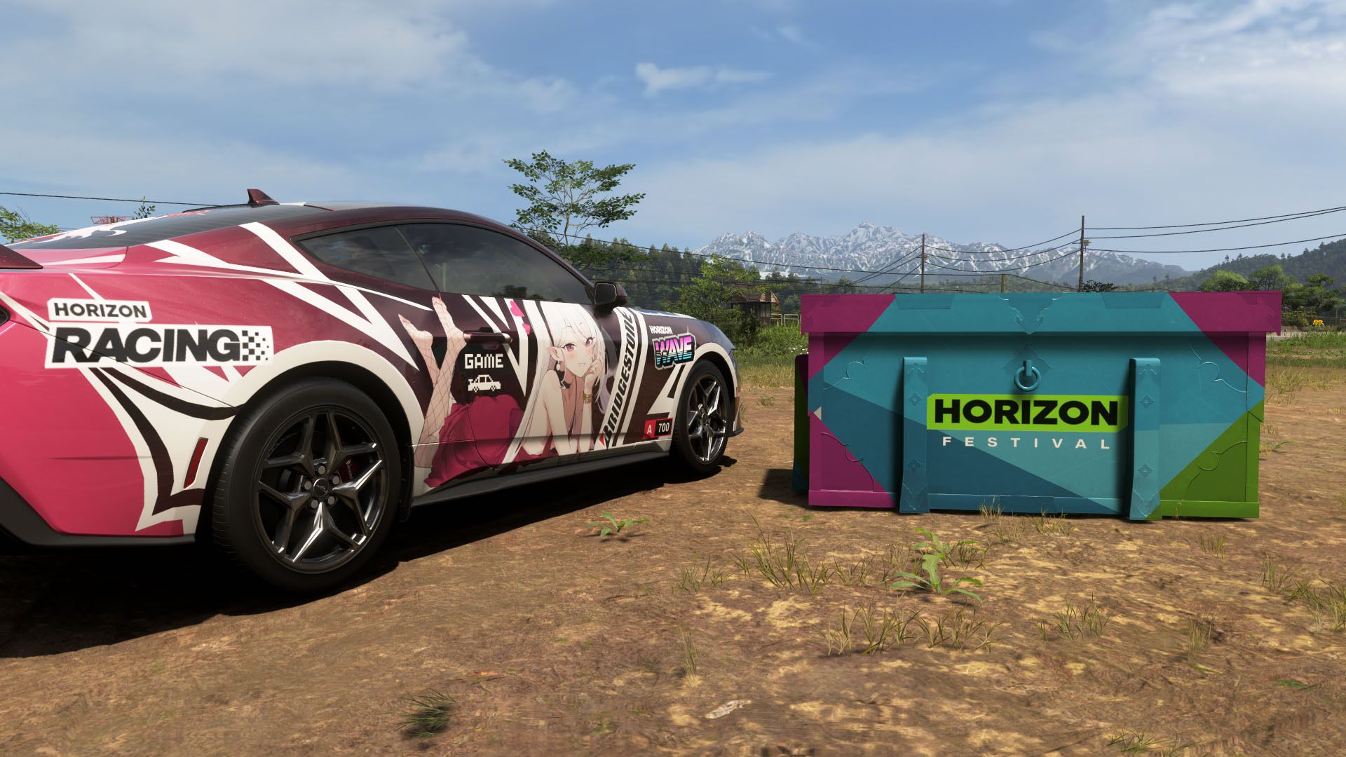 A car beside a box that says Horizon Festival on it in Forza Horizon 6.