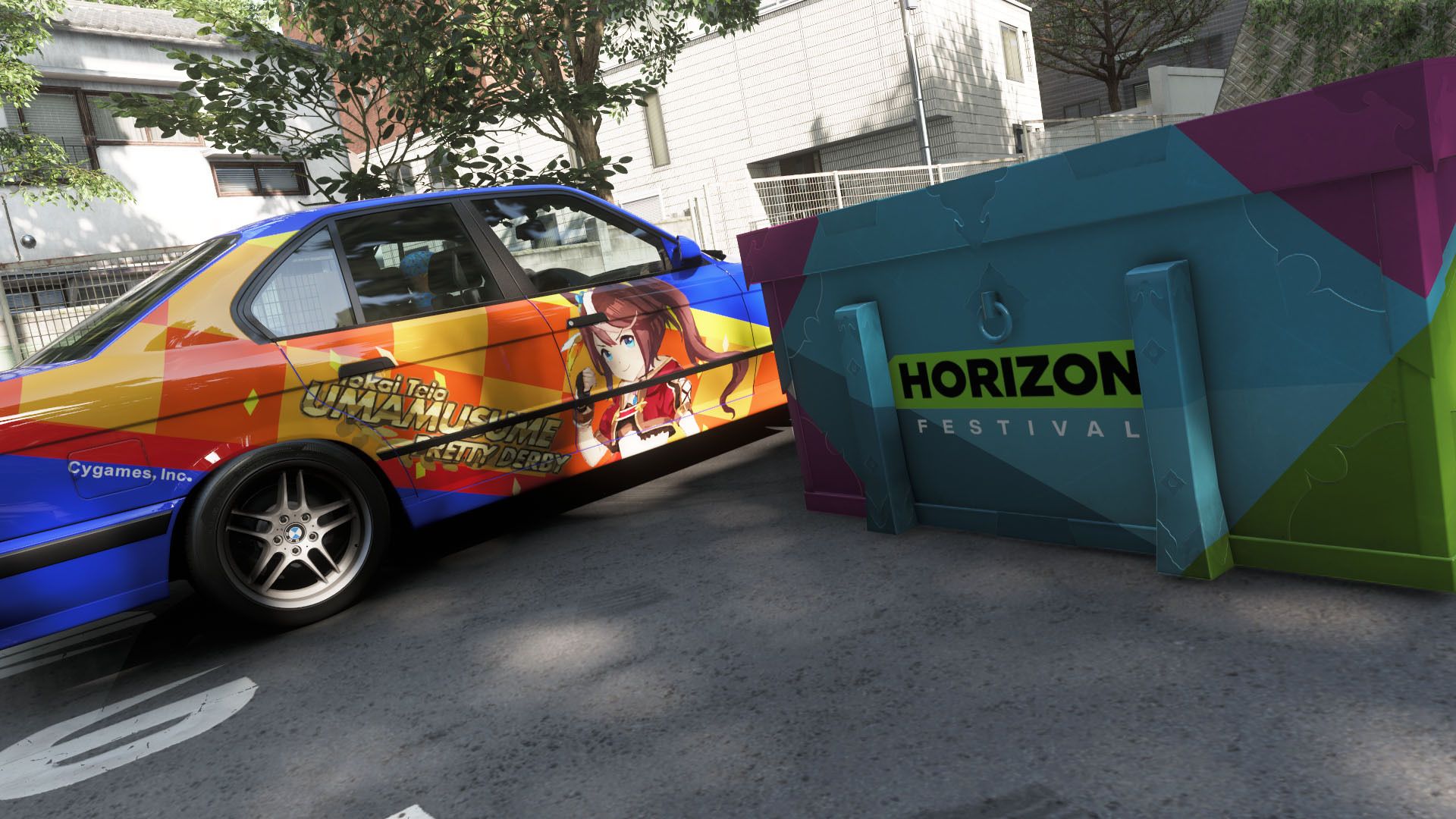 A car with Tokai Teio from Umamusume painted onto the side beside a Horizon Festival box in Forza Horizon 6.