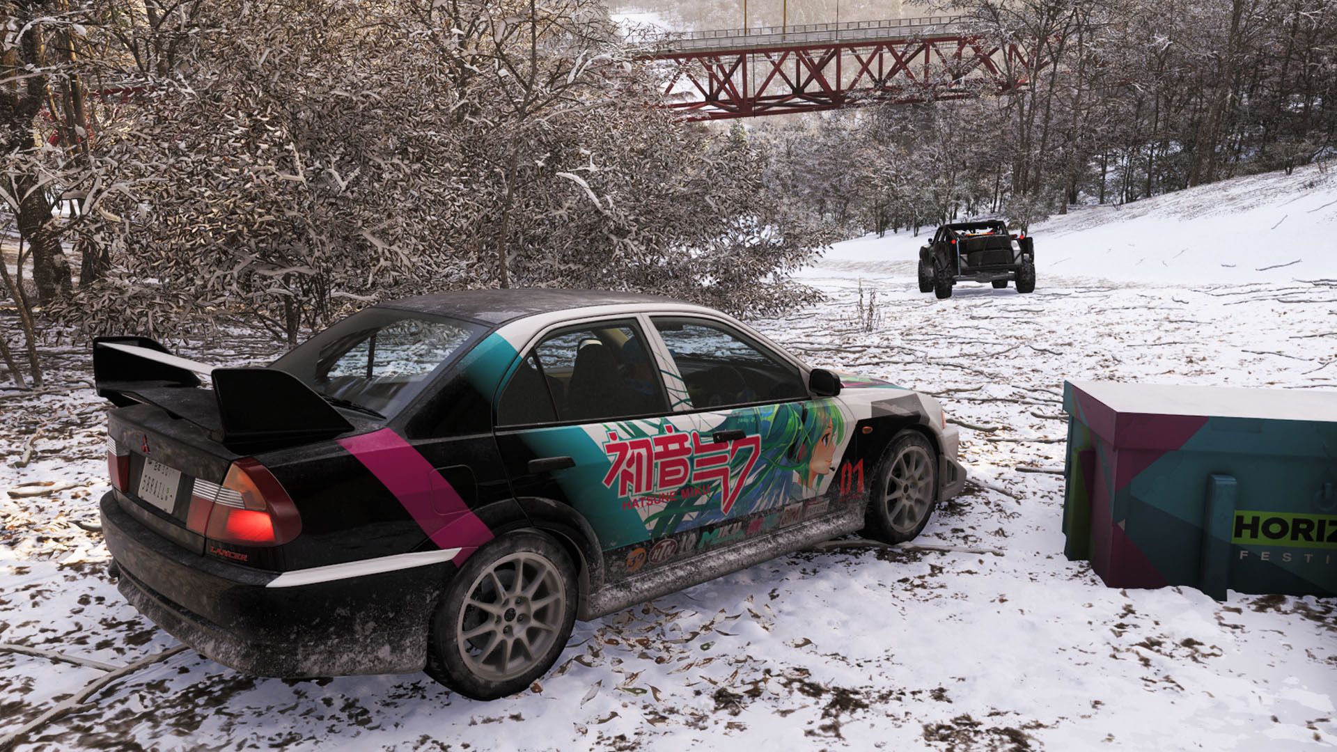 A car with a Hatsune Miku design beside a box in Forza Horizon 6.