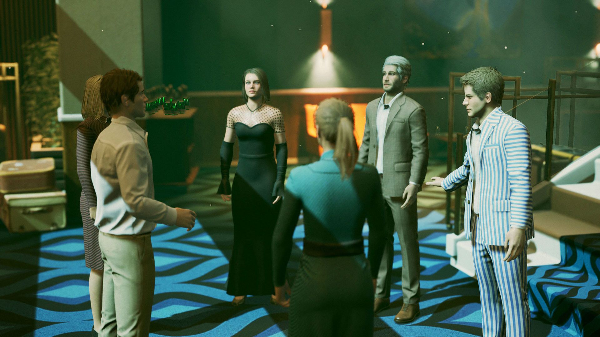A group of players talking in First Class Trouble.