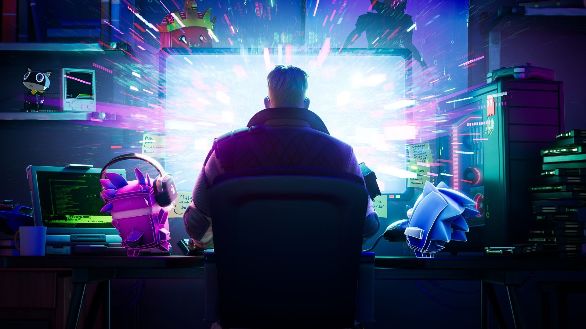 Jonesy using a computer in the Fortnite Override keyart