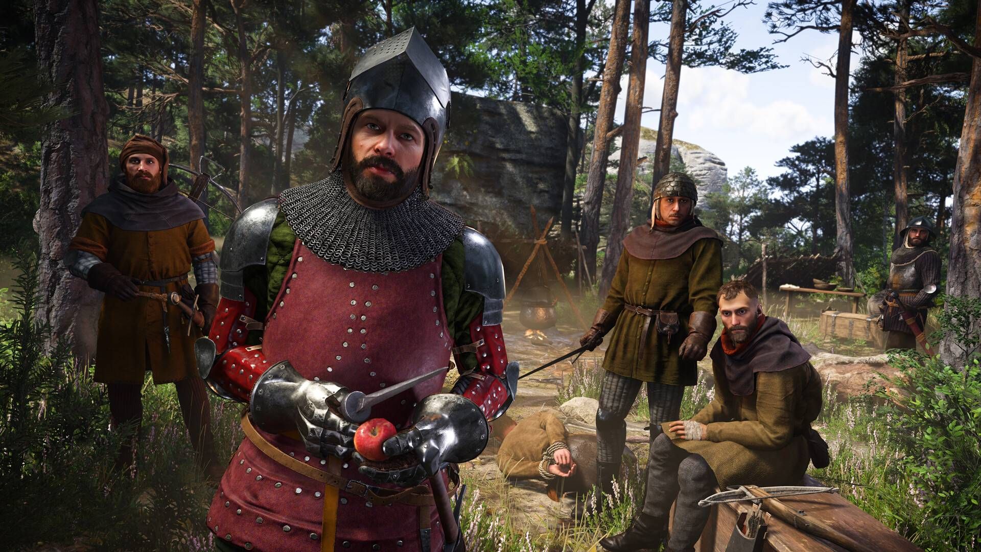 A guard holding an apple in Kingdom Come: Deliverance 2.