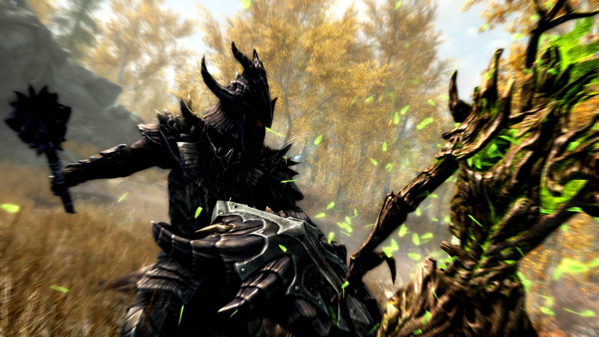 A player attacking a tree enemy with a mace in The Elder Scrolls 5: Skyrim.