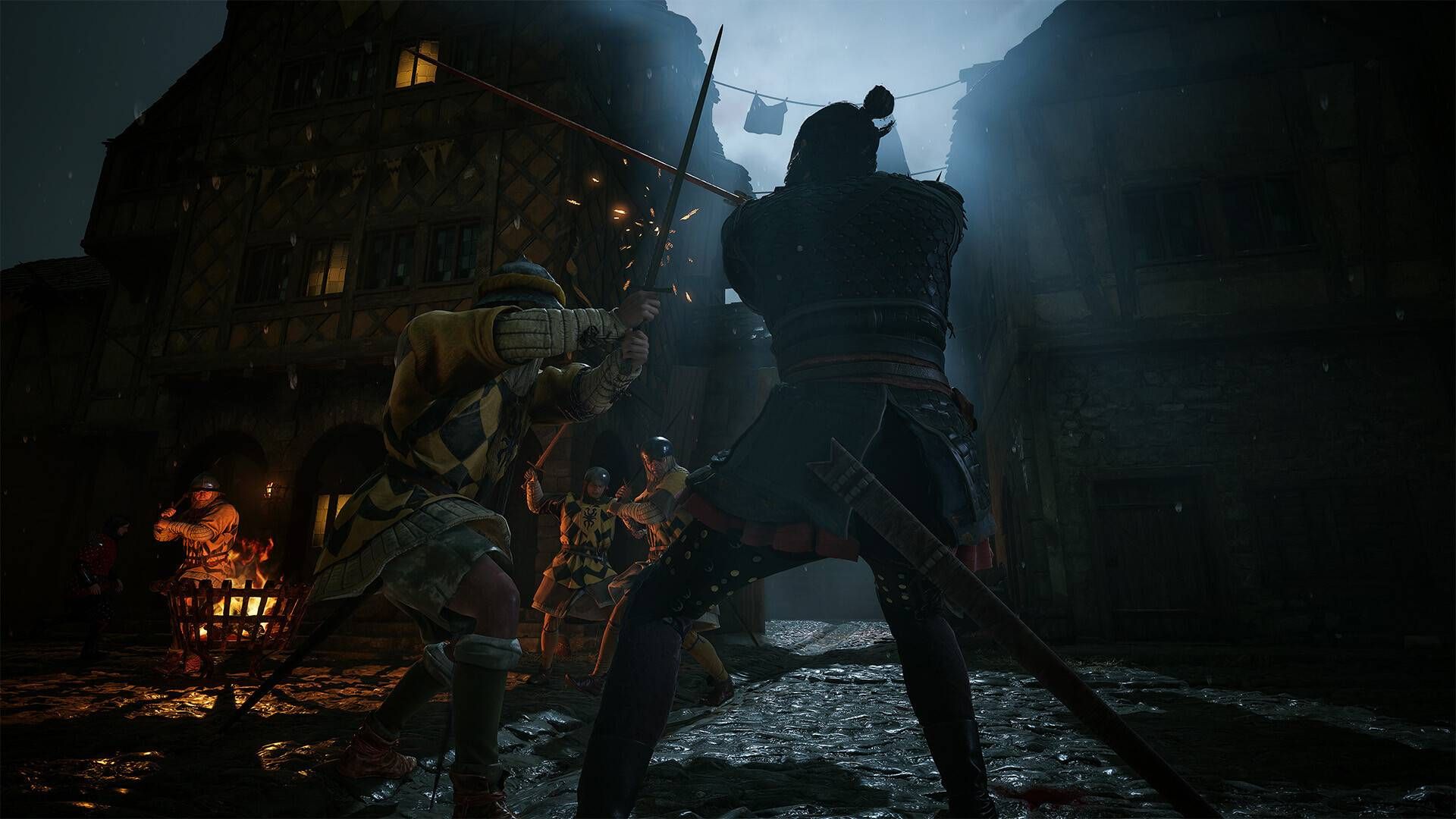 Coen fighting a guard at night in The Blood of Dawnwalker.