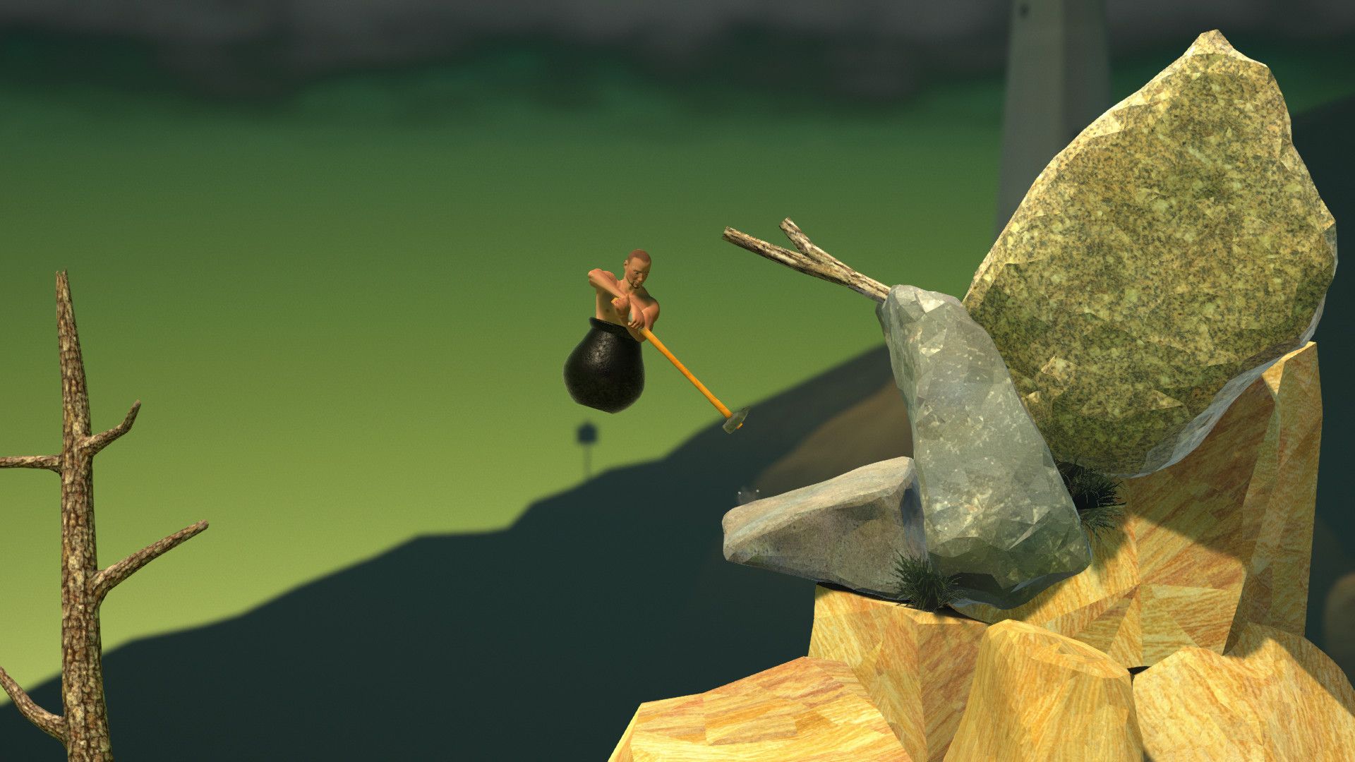 A man stuck in a cauldron with a sledgehammer flies through the air. A screenshot from Getting Over It With Bennett Foddy.
