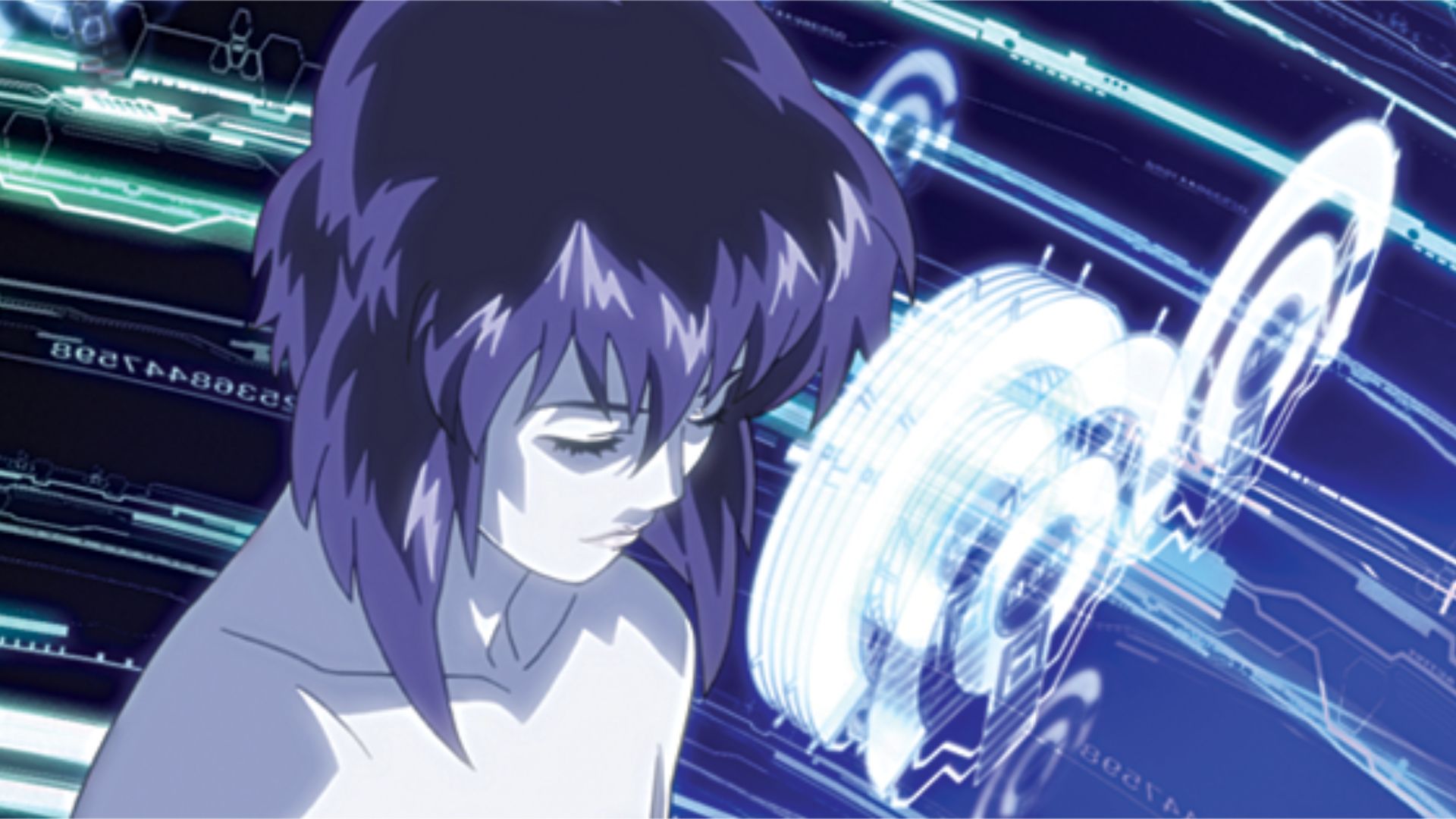 Still from Ghost in the Shell: Stand Alone Complex featuring Major Kusanagi in cyberspace.