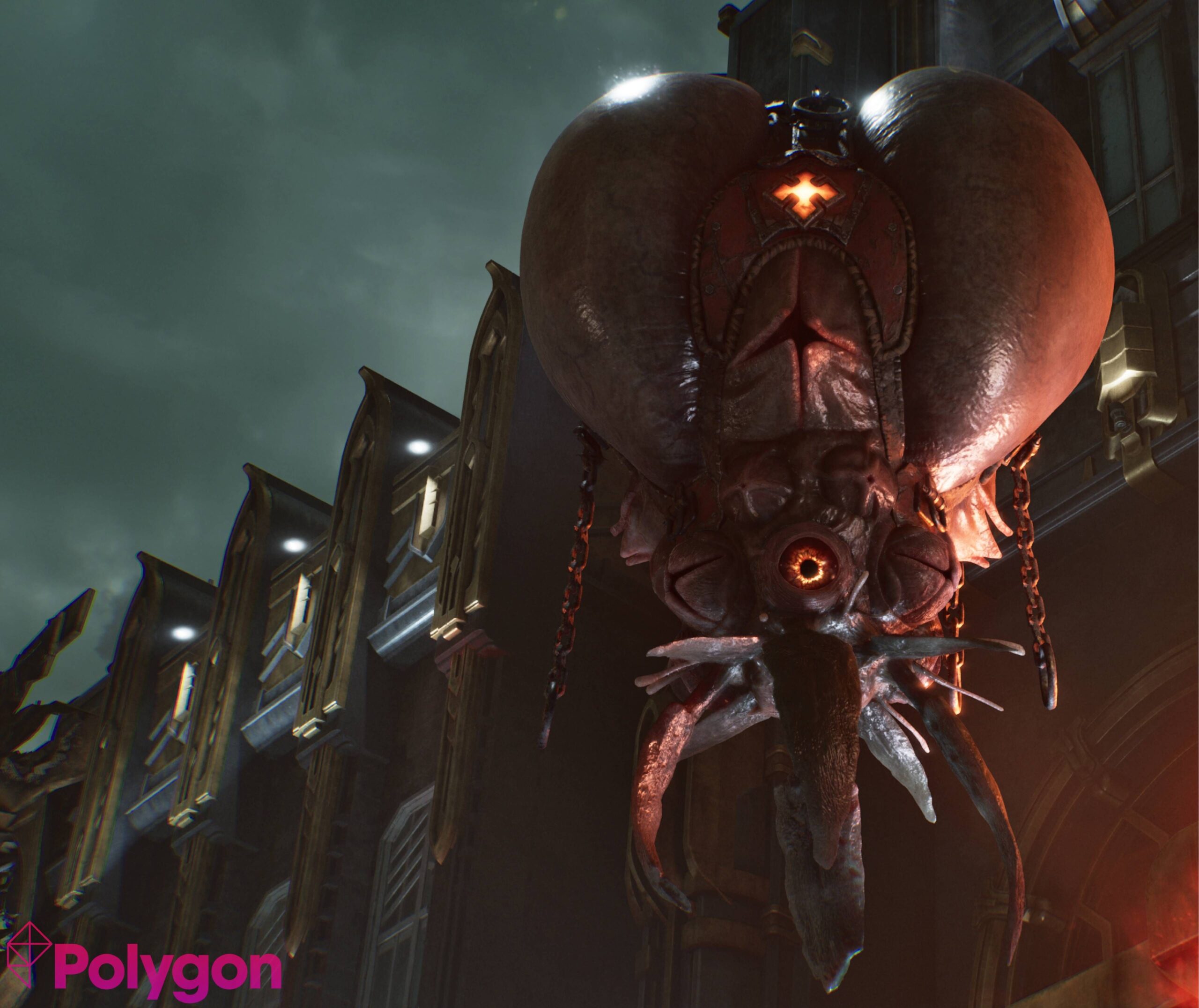 The Spore Matron flies in front of a building in Gears of War E-Day