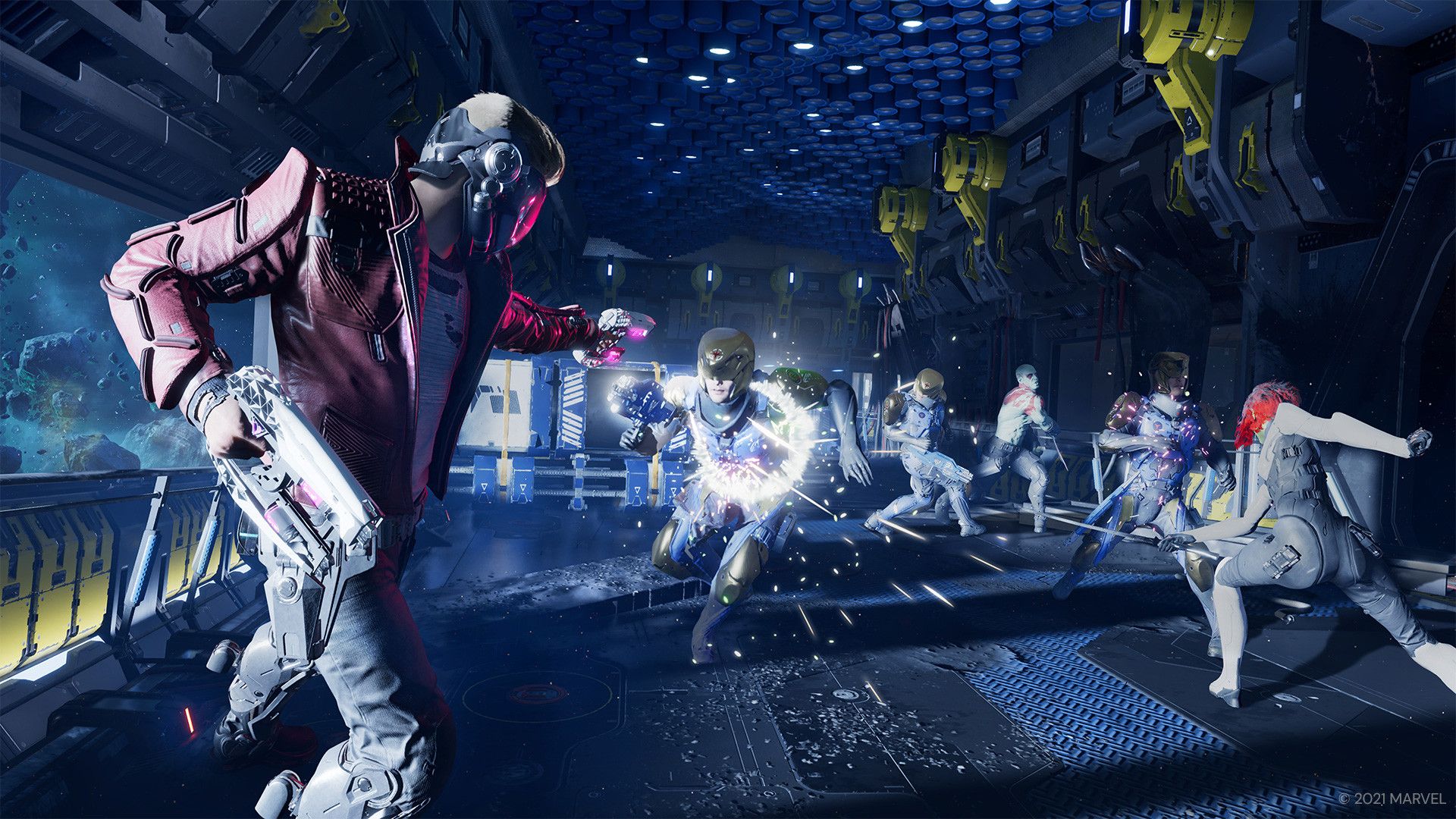 Peter Quill (Star-Lord) shooting enemies while Gamora slashes at them with a sword in a screenshot from Guardians of the Galaxy