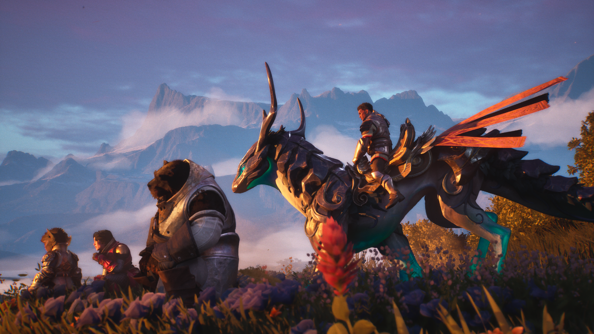 A mounted warrior with some other fantasy adventurers looking out over a landscape