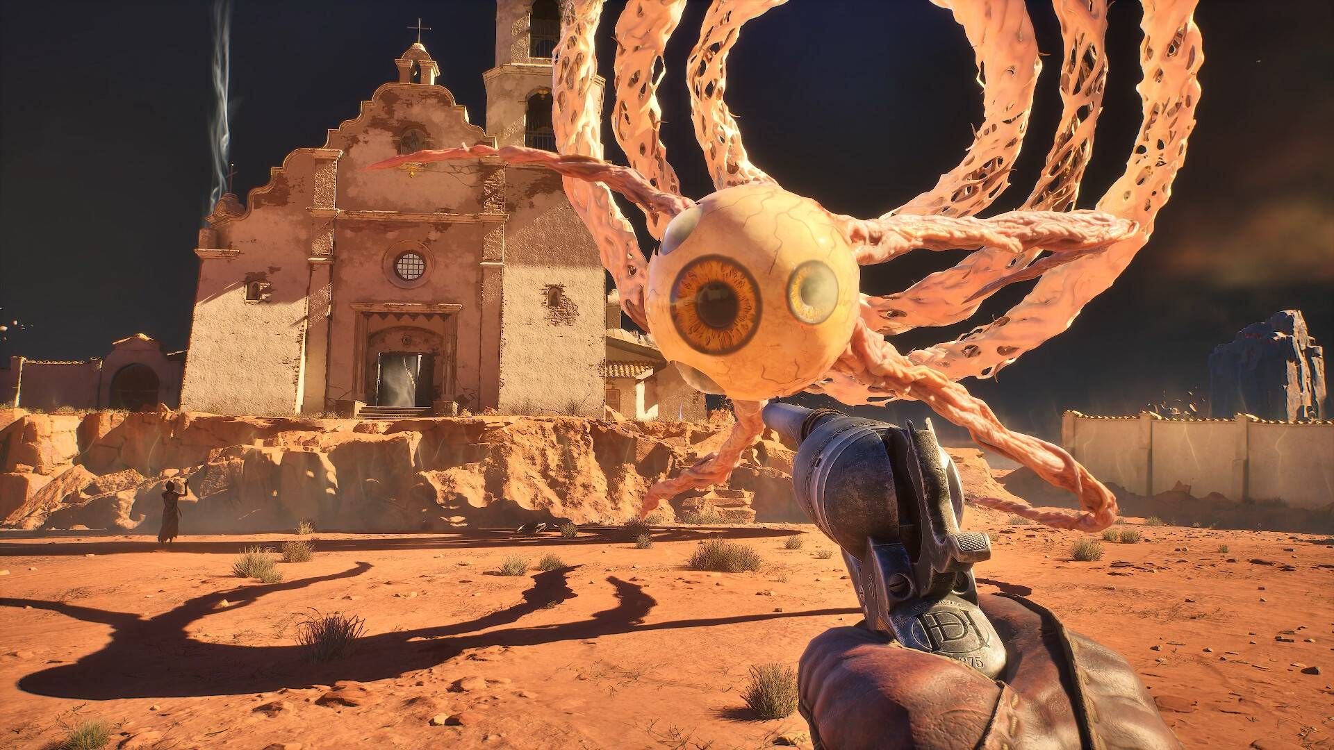 The player in Guns of Eschaton holding a revolver at a huge eyeball enemy.