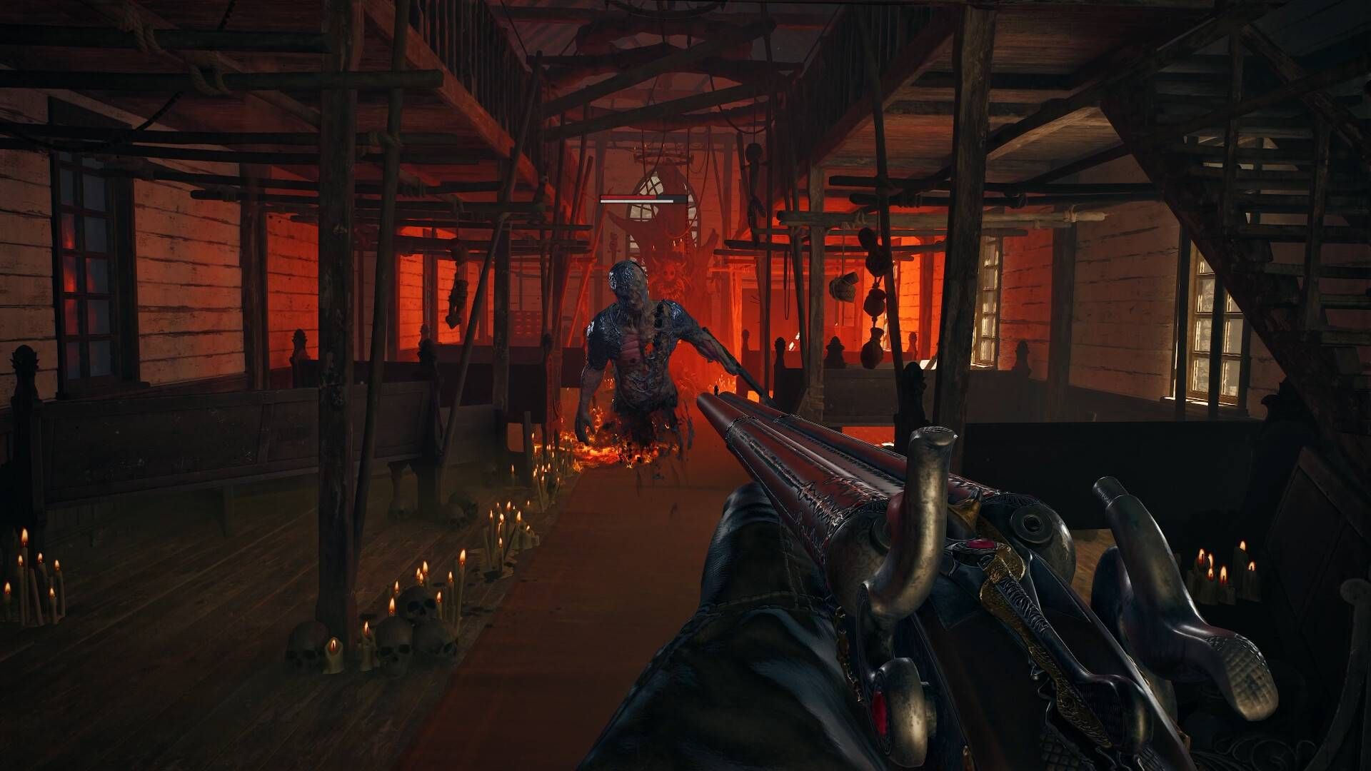 The player in Guns of Eschaton holding a shotgun at an advancing enemy.