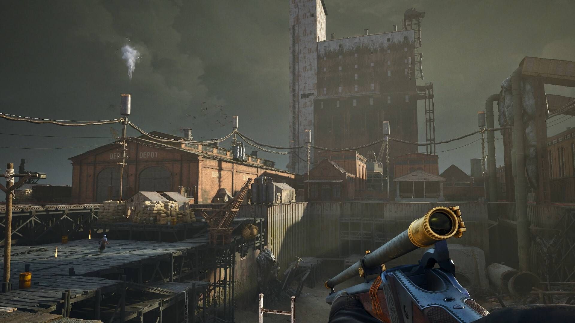 The player in Guns of Eschaton holding a sniper rifle.