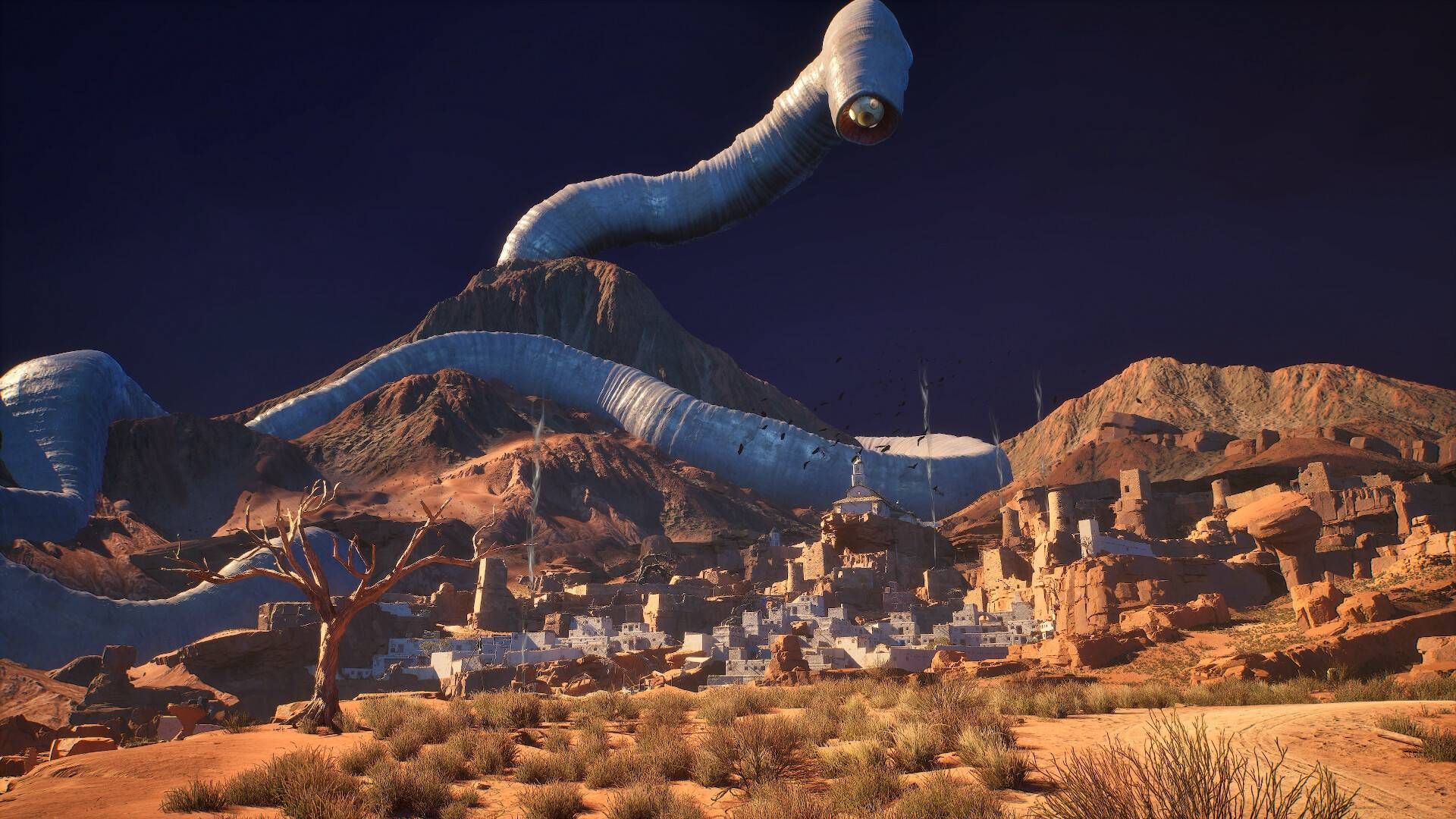 An enormous worm snaking around a mountain in Guns of Eschaton.