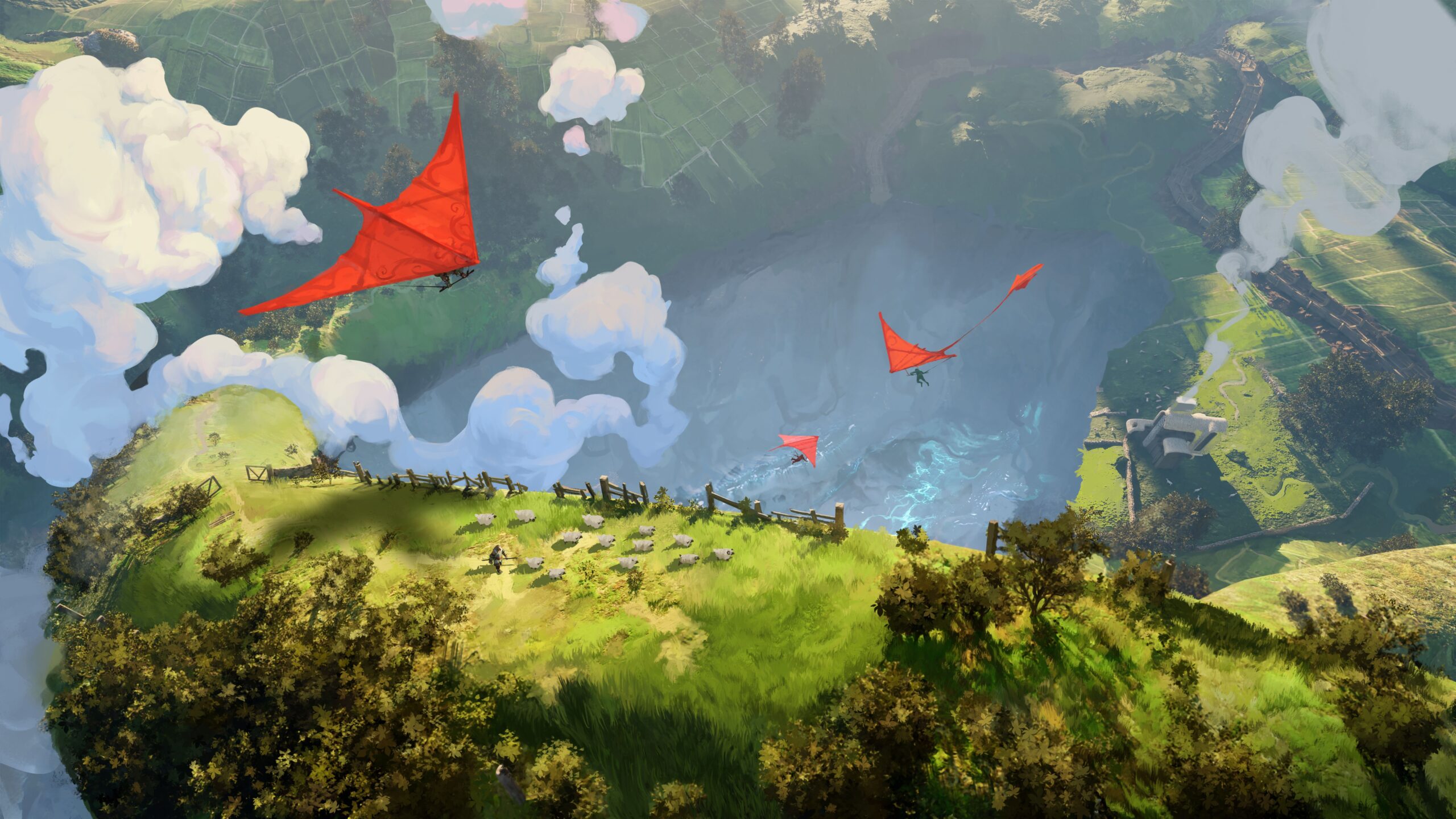 Artwork showing adventurers using red gliders to glide down into a sinkhole