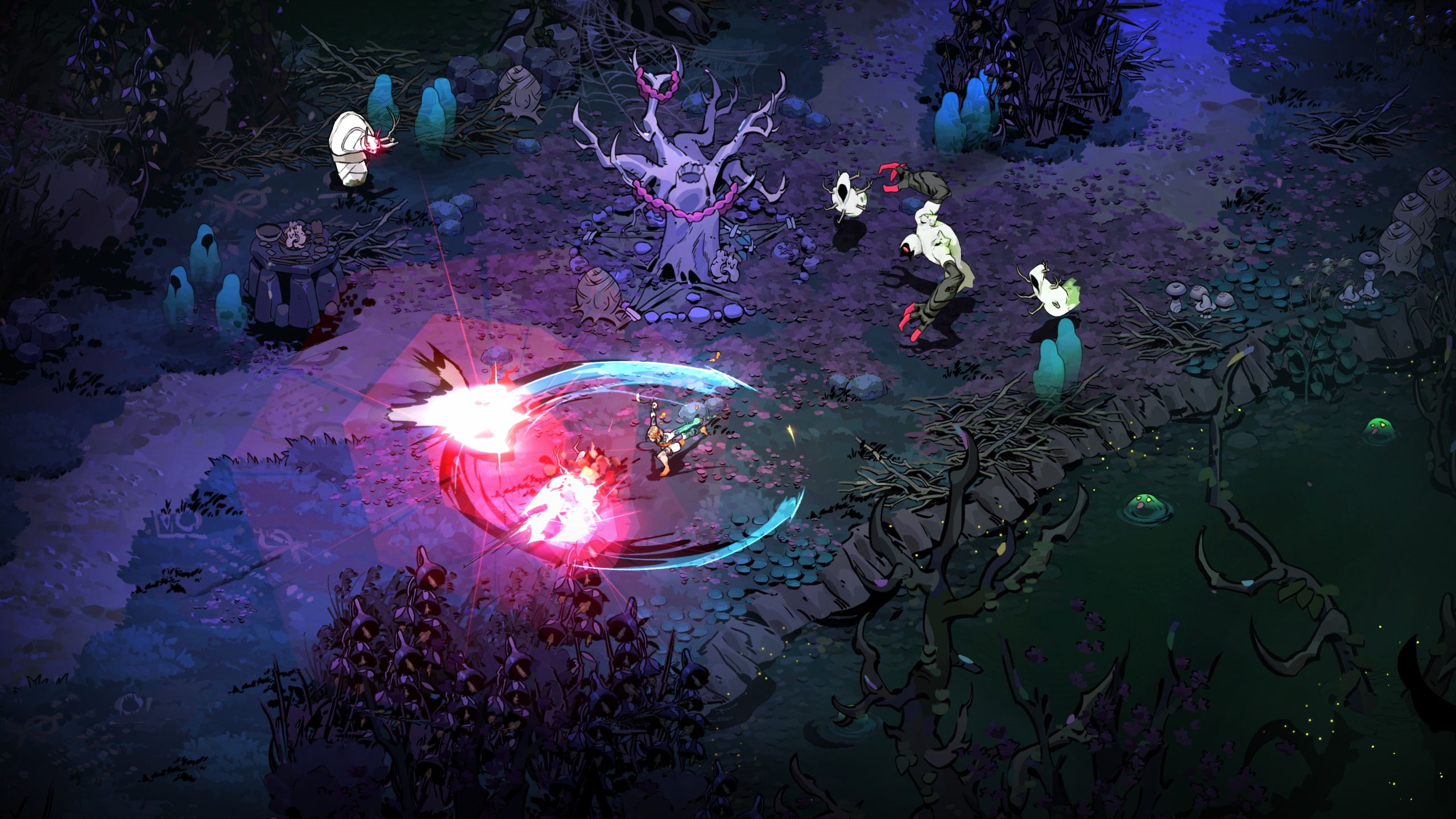 Combat in a spooky purple forest in Hades 2